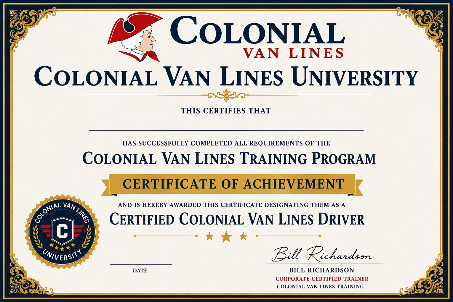 Certified Colonial Van Lines Driver Certificate