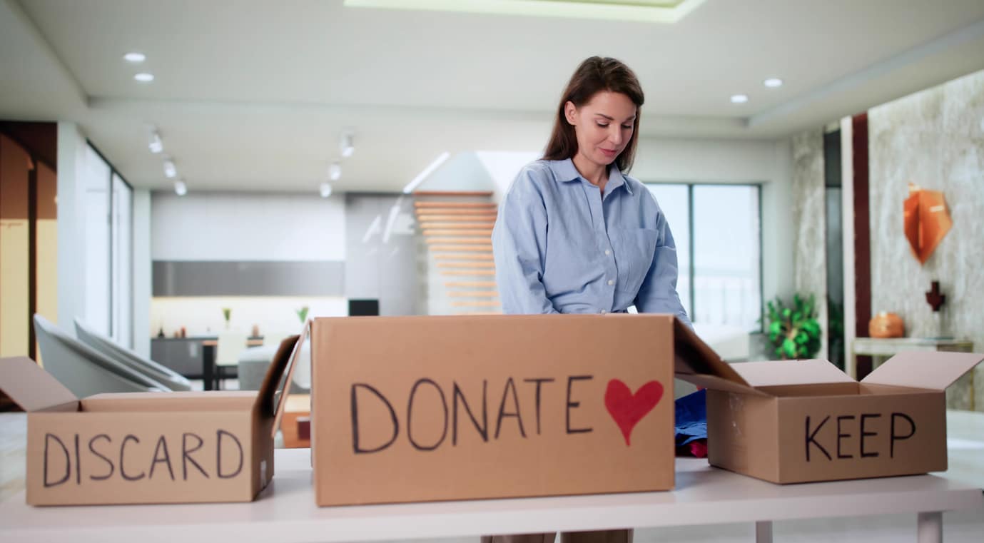 A woman sorting her stuff into three boxes (Discard, Donate, and Keep) as she gets ready to move into an apartment