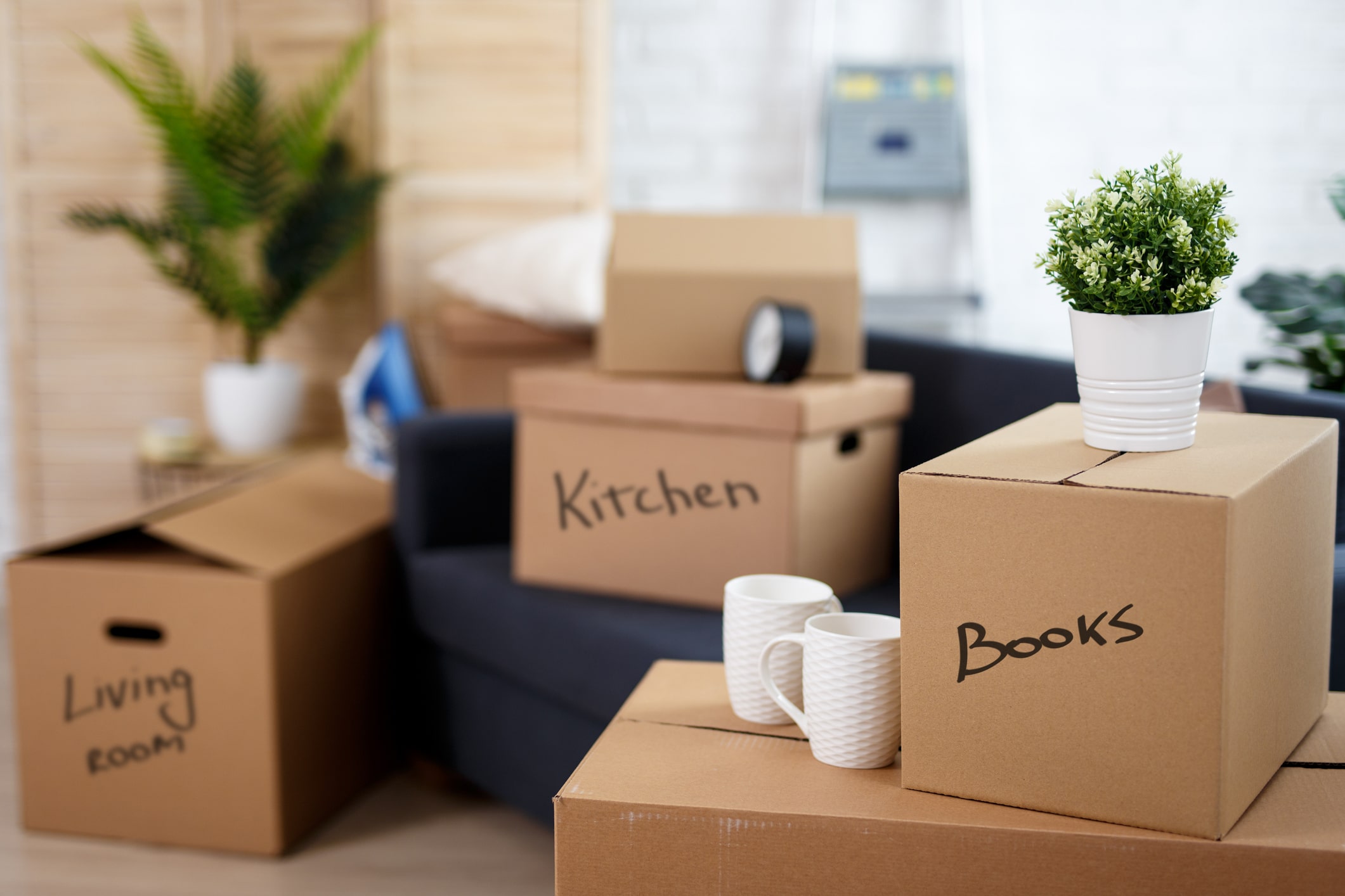 A living room with different-sized moving box sizes labeled by room