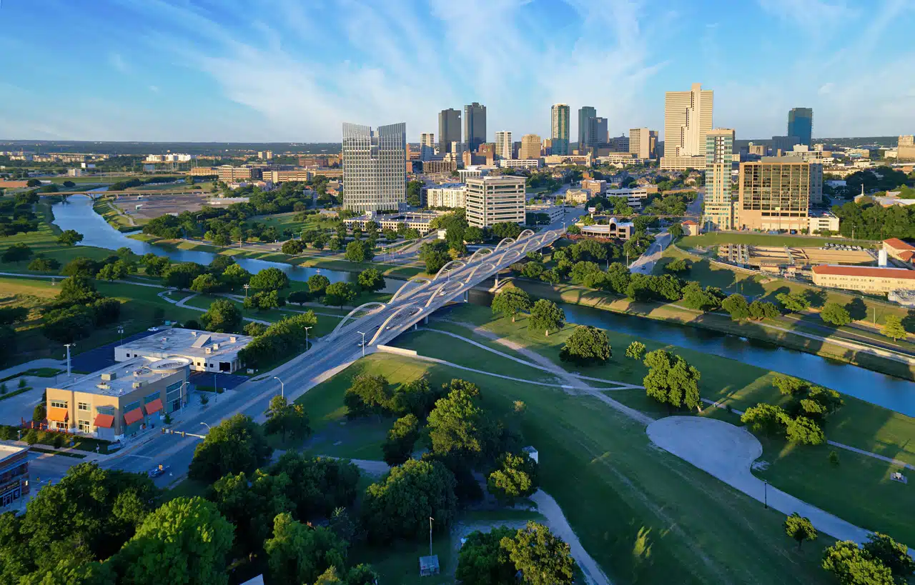 Aerial view of Fort Worth, Texas skyline with Trinity River, an iconic sight for those living in Fort Worth