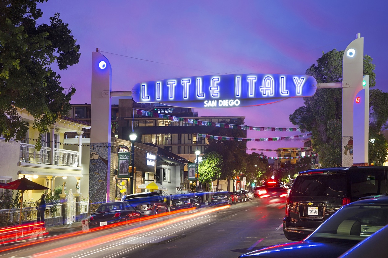 Little Italy A vibrant night view of the LITTLE ITALY neon sign, an iconic sight those living in San Diego