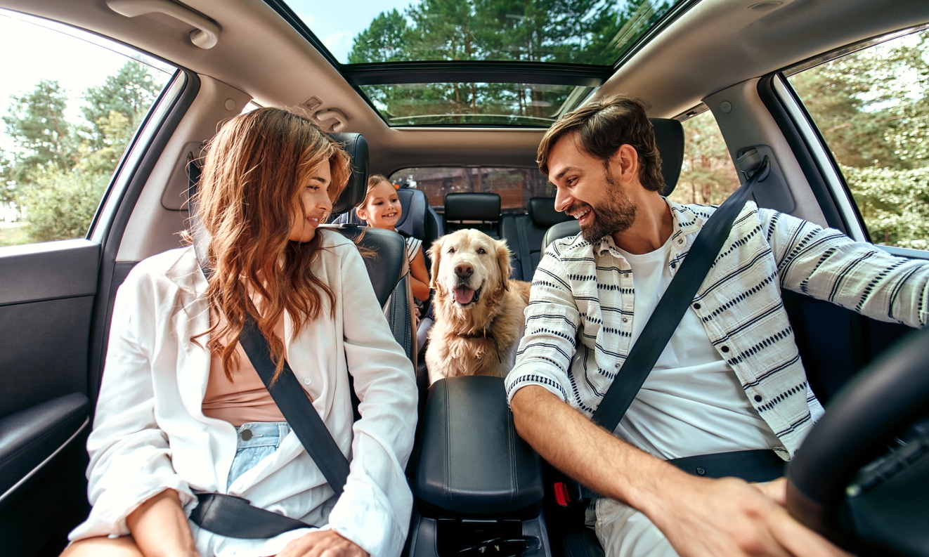 A family moving with a dog smiles in a car at their golden retriever sitting between the front seats