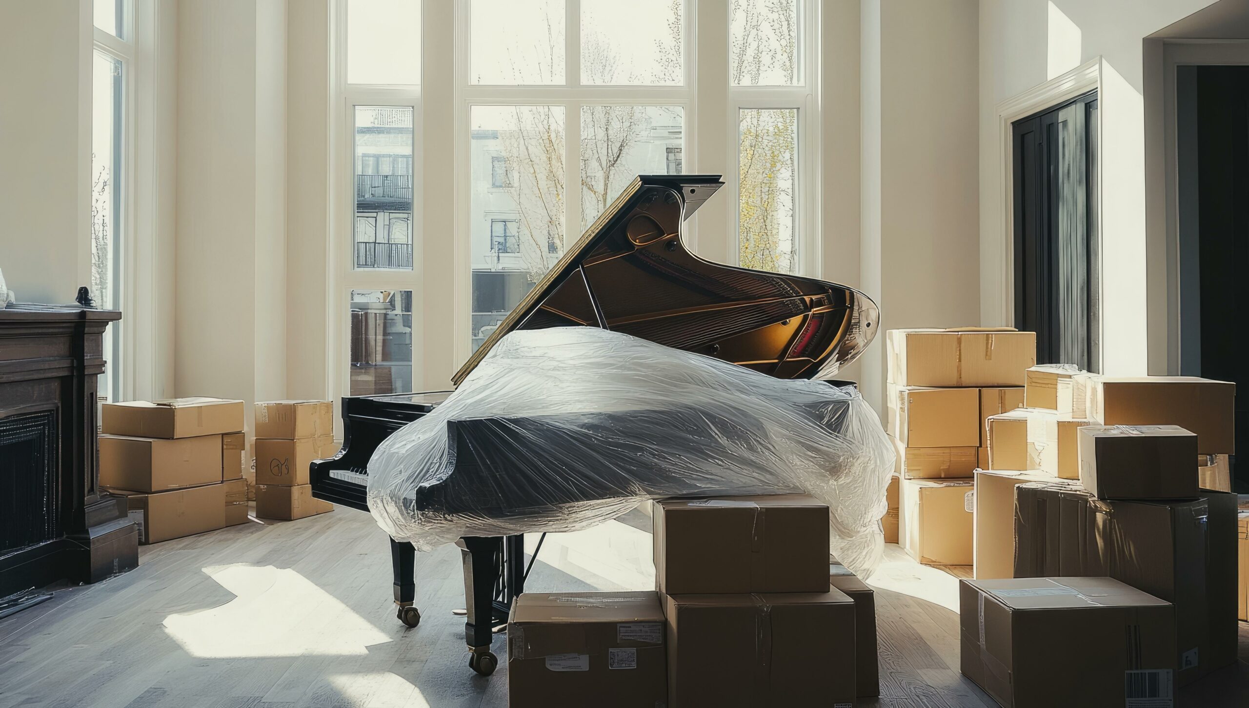 A black grand piano surrounded by moving boxes