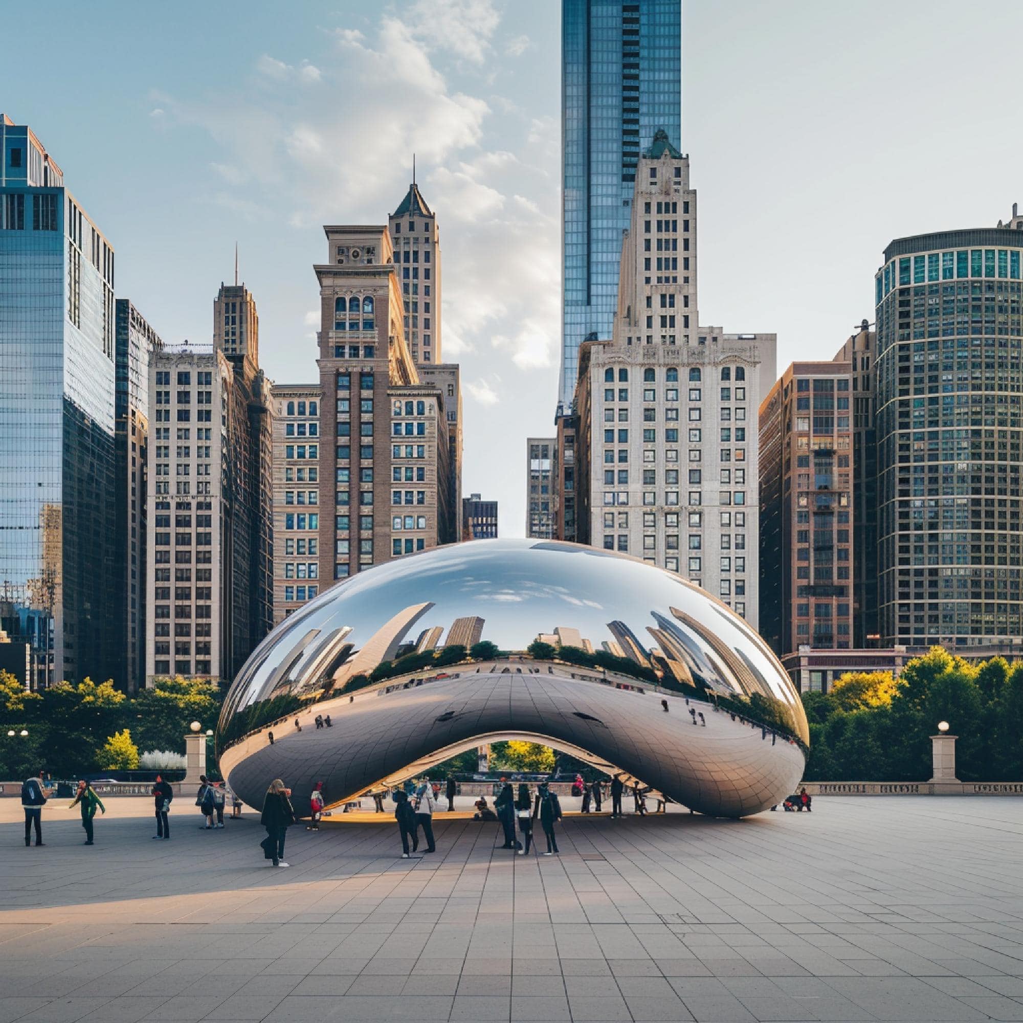 Cloud Gate sculpture in Chicago, surrounded by people, located in one of the best neighborhoods in Chicago