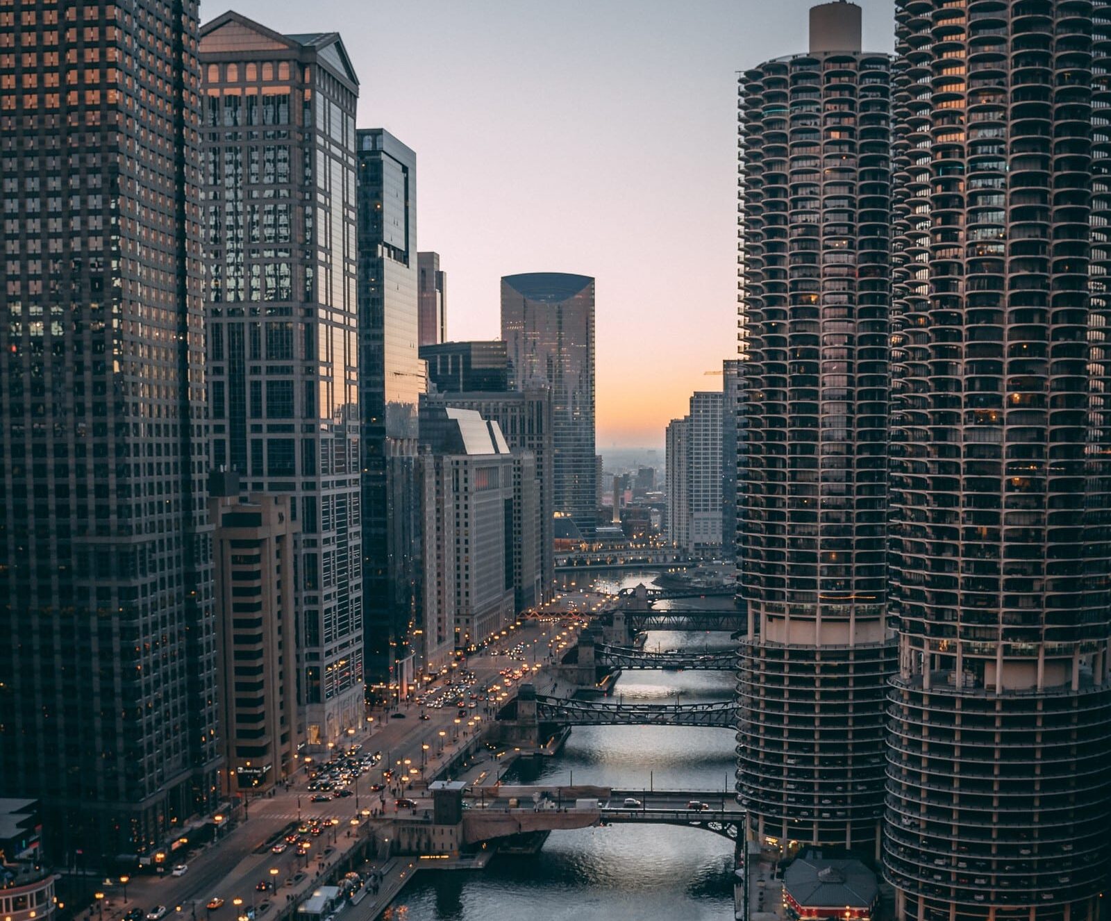 Downtown Chicago at dusk, the Chicago River and bridges, highlighting one of the best neighborhoods in Chicago