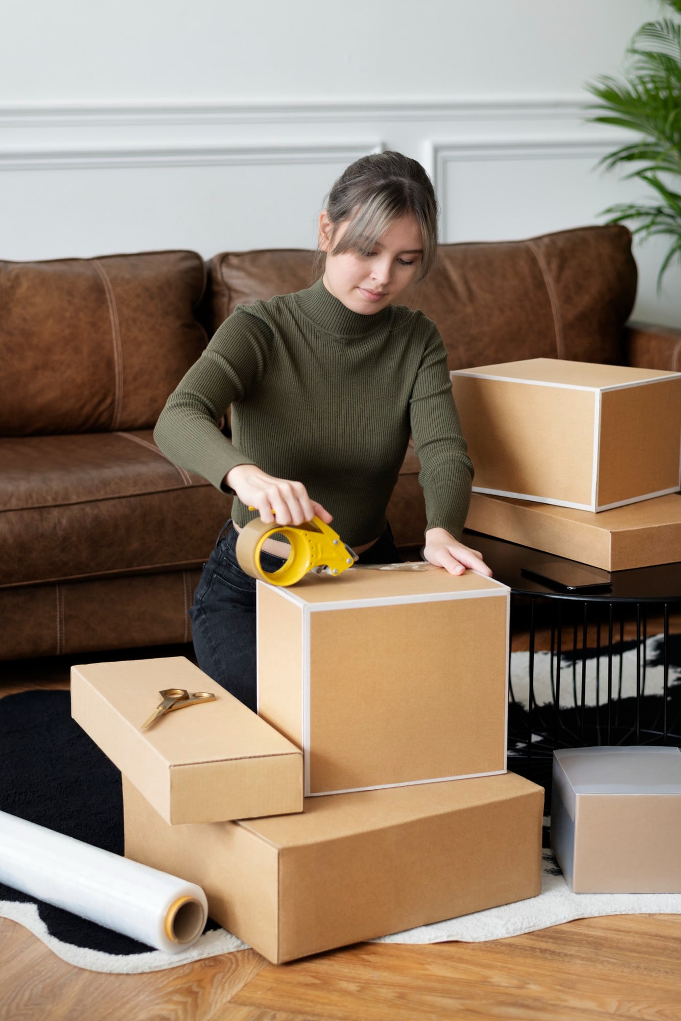 A woman securing her moving boxes with tape as part of her printable moving checklist