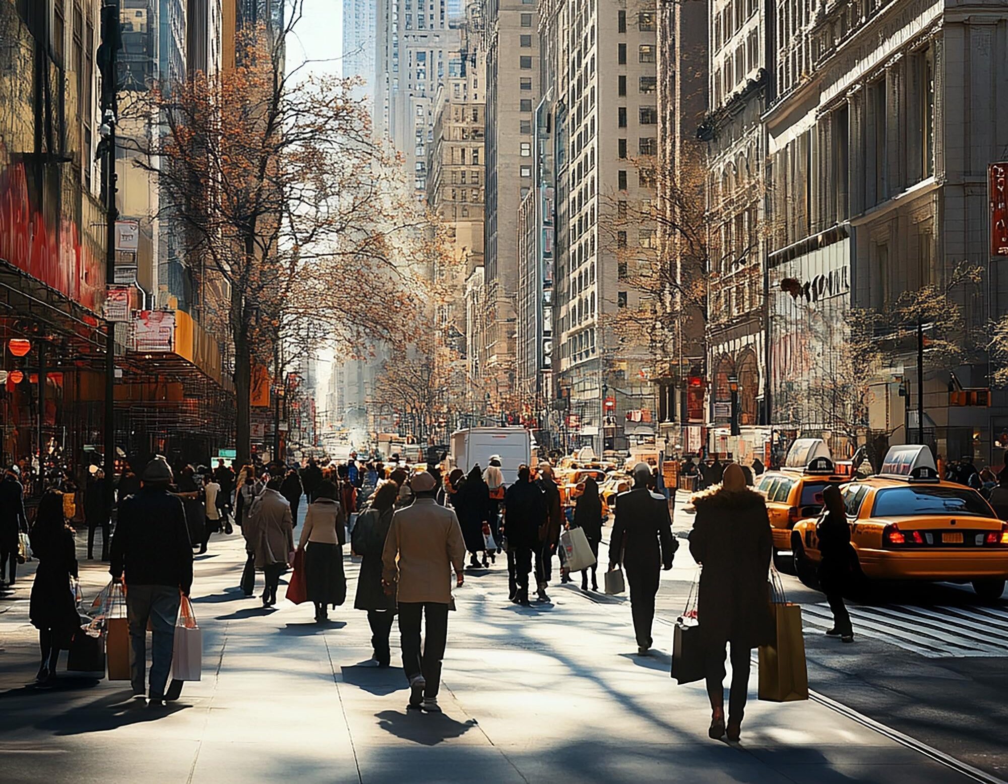 People moving from California to New York can enjoy busy NYC streets filled with pedestrians and tall buildings