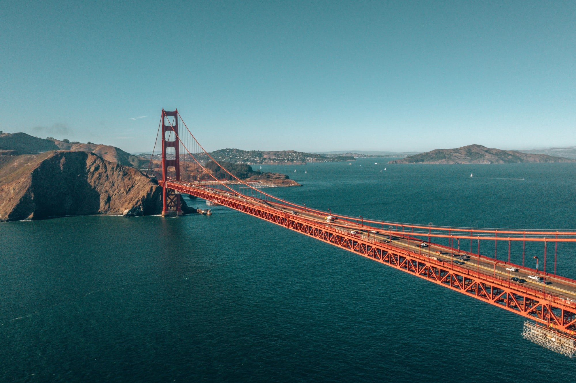 Aerial shot of the Golden Gate Bridge, a popular attraction for those moving to California