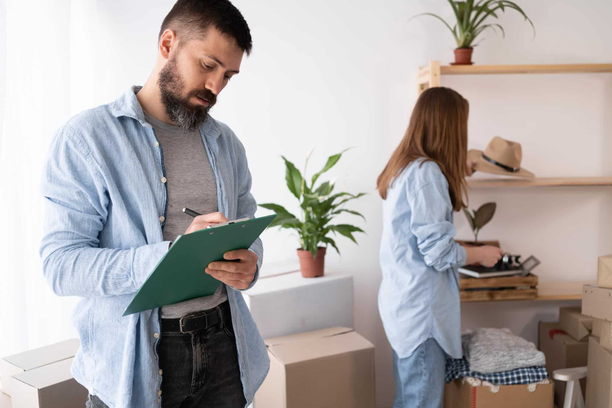 Man reviewing his moving checklist while a woman packs boxes, preparing for their move to California