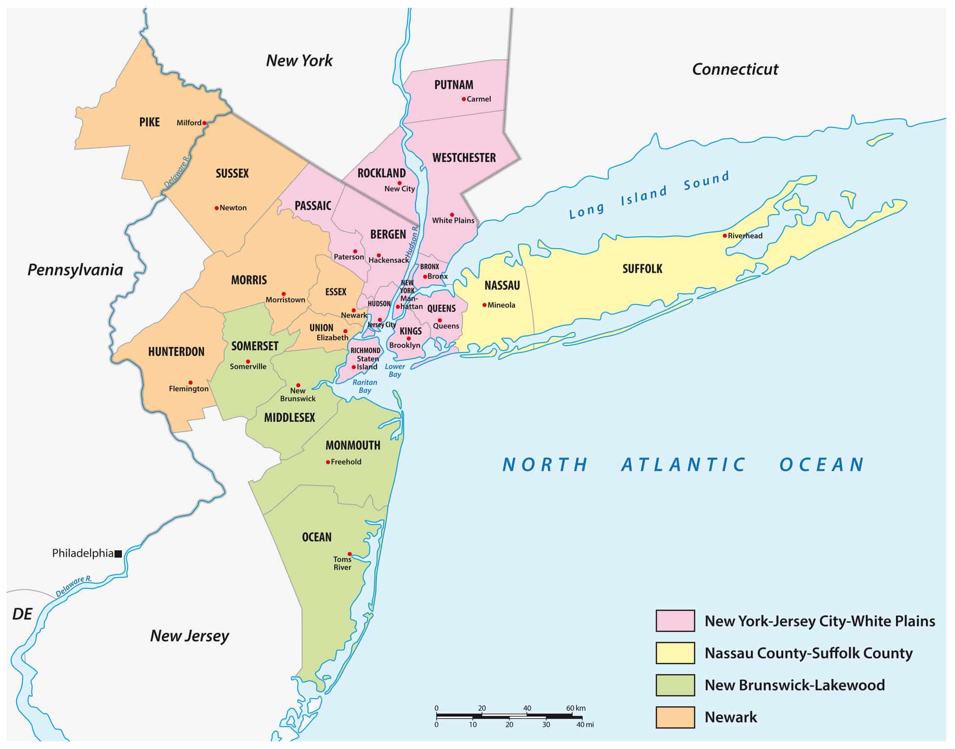 Map of New Jersey showing its four main regions and the best cities to live in New Jersey
