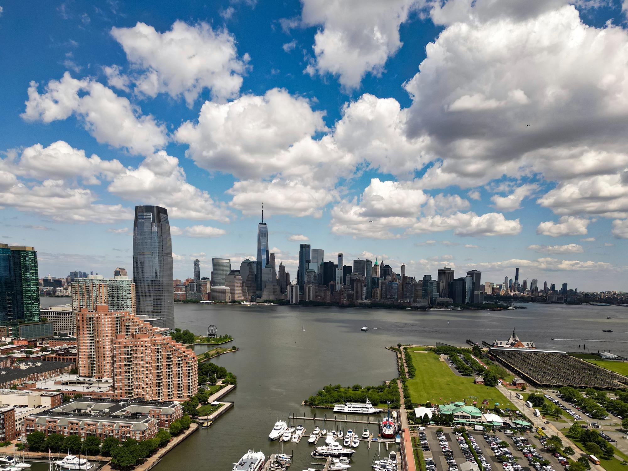 The New Jersey skyline on a bright, cloudy day