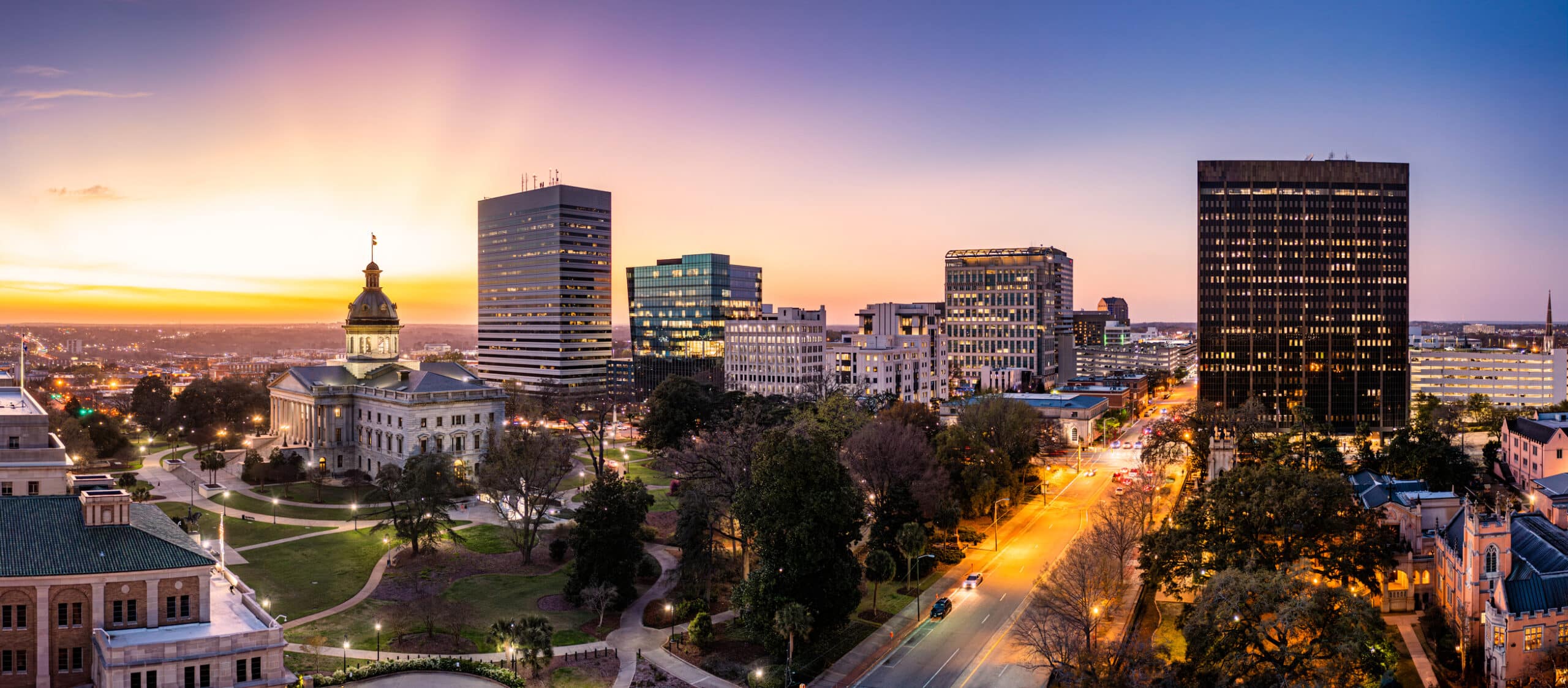  Sunset skyline in Columbia, one of the most popular cities for those moving to South Carolina