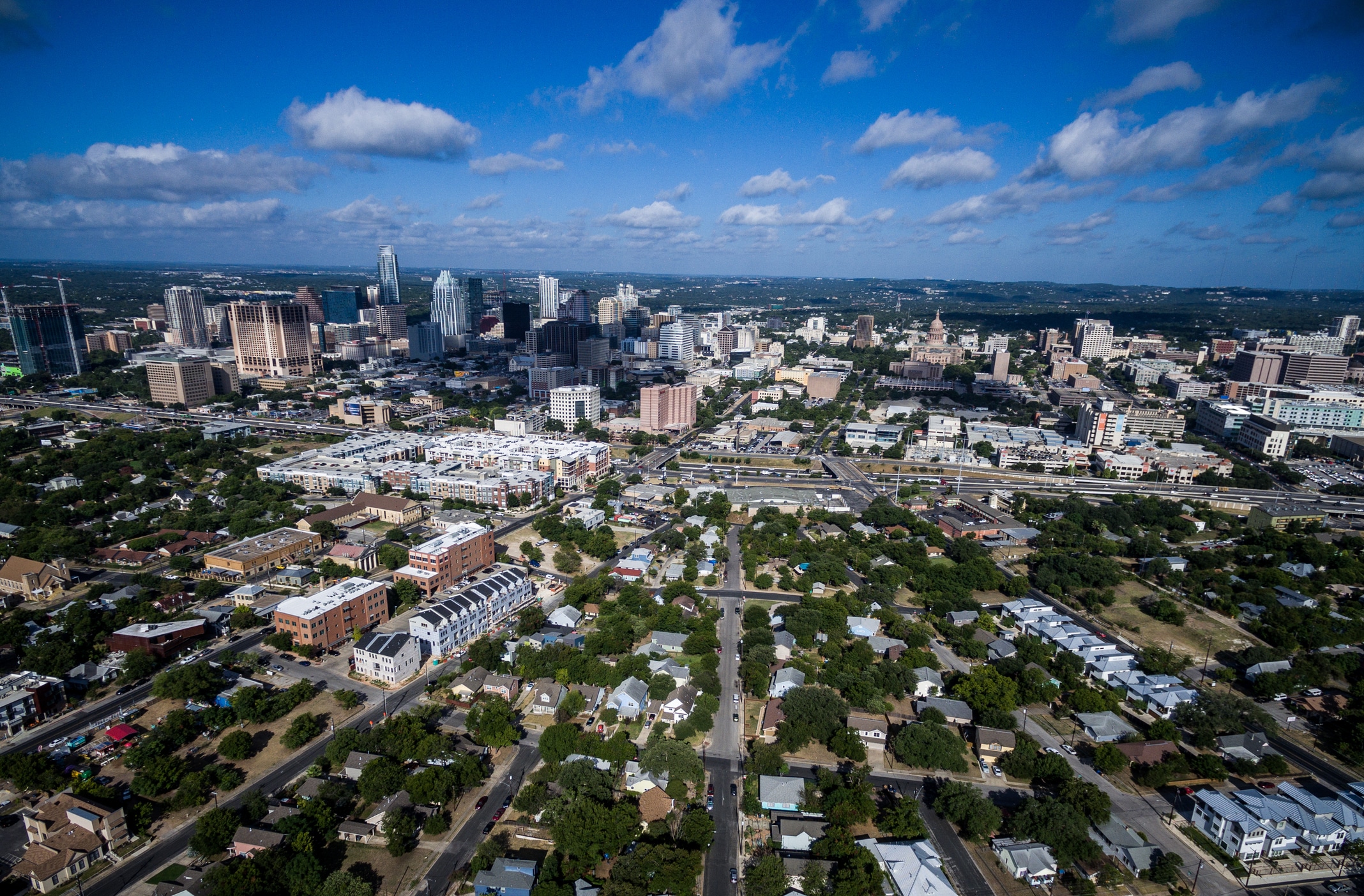 Aerial view of East Austin, a top neighborhood for young professionals moving to Austin, Texas