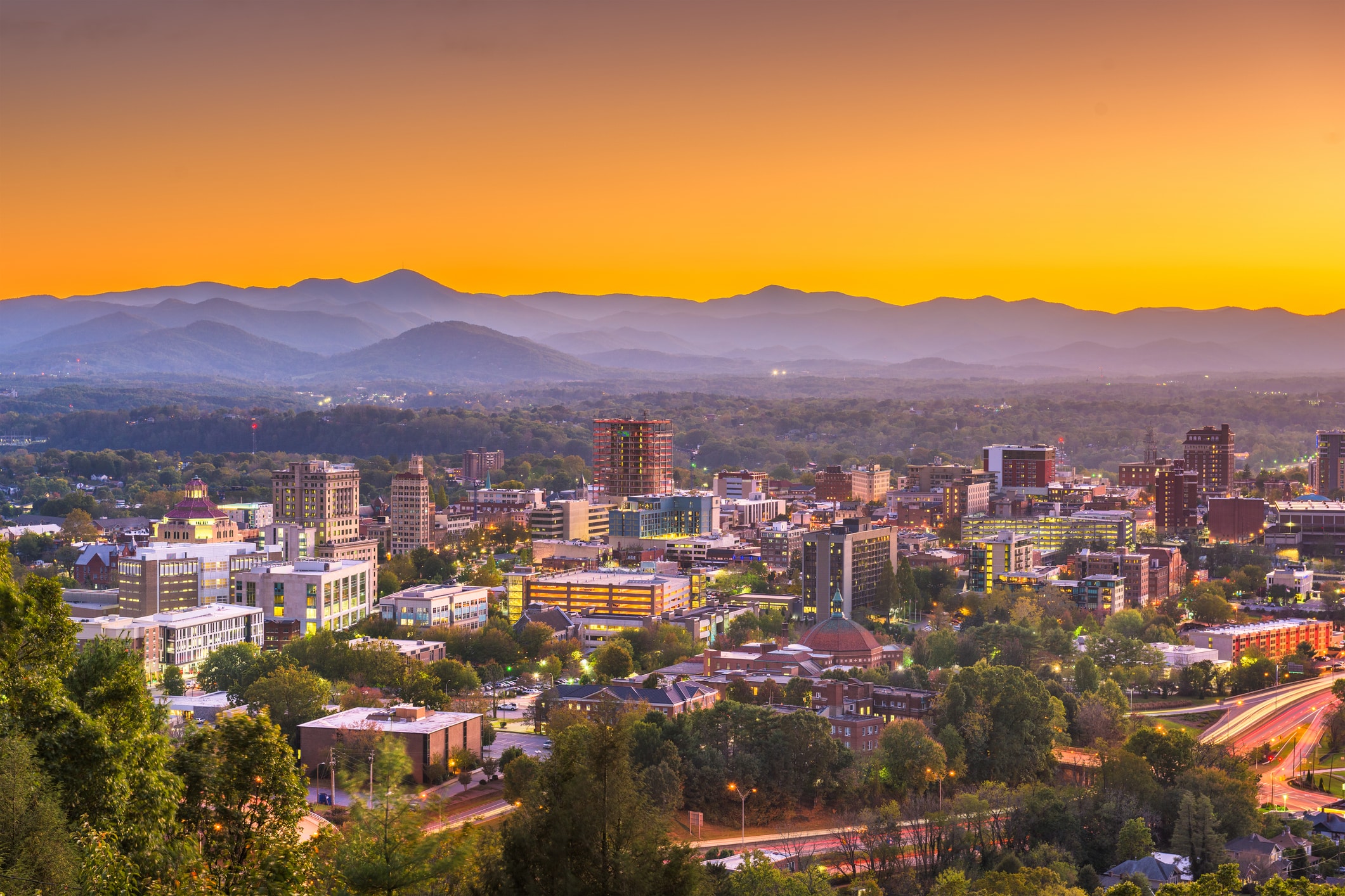 Sunrise in Asheville, a lively mountain town and top destination