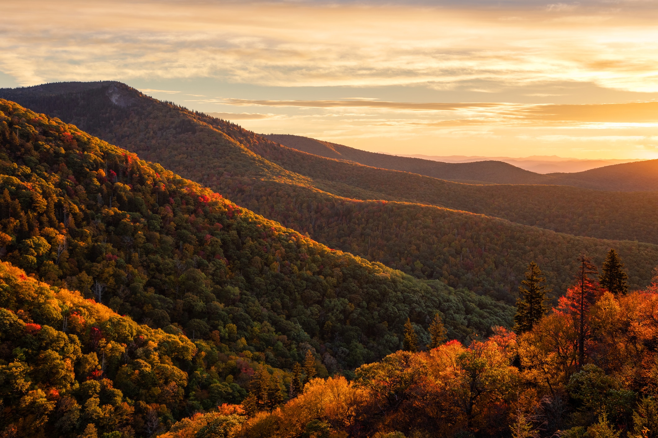 Blue Ridge Mountains at sunrise, a glimpse of the stunning landscapes awaiting those considering moving to North Carolina