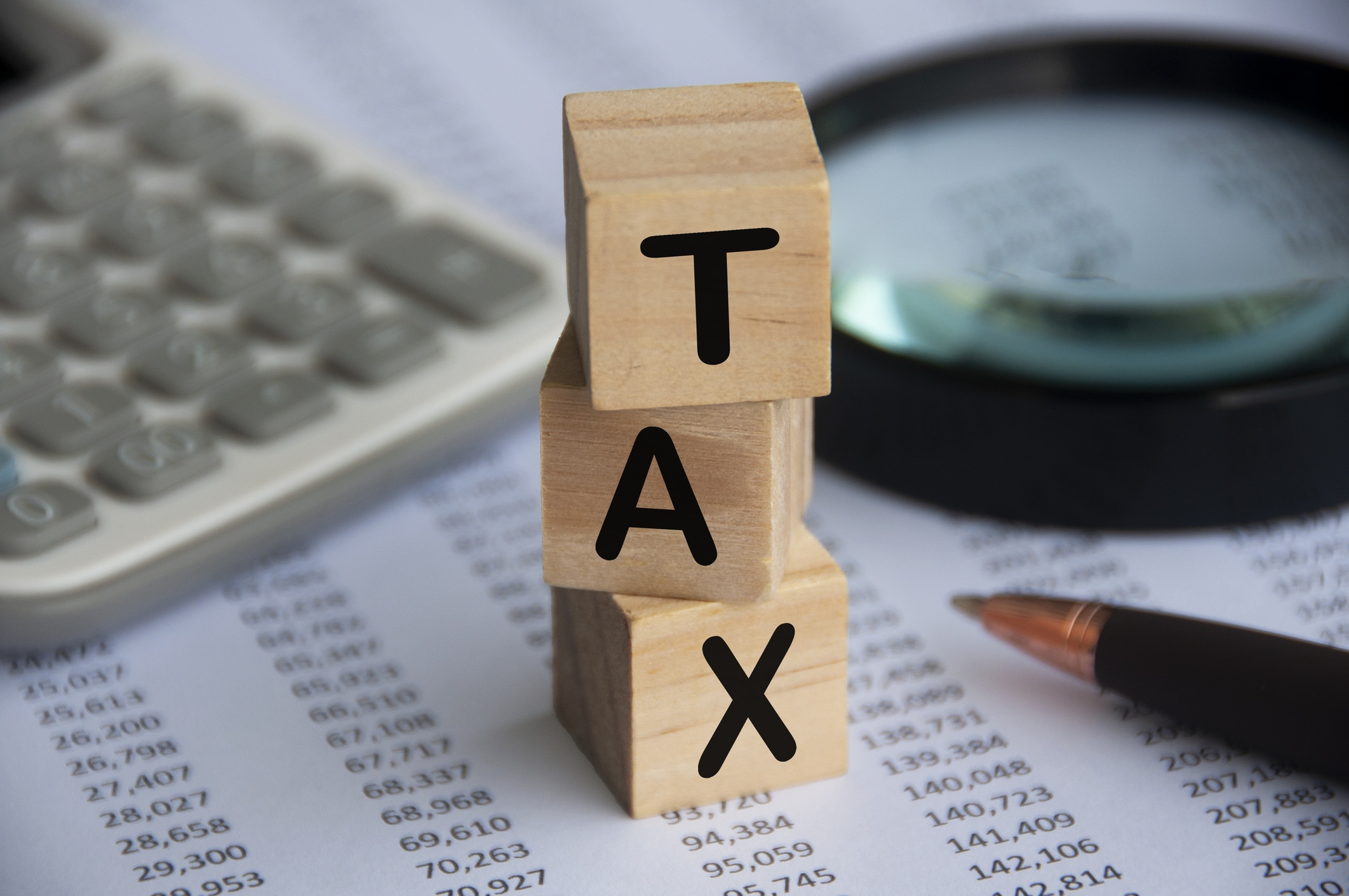 Wooden blocks spelling “TAX”, highlighting the lower state income taxes in North Carolina