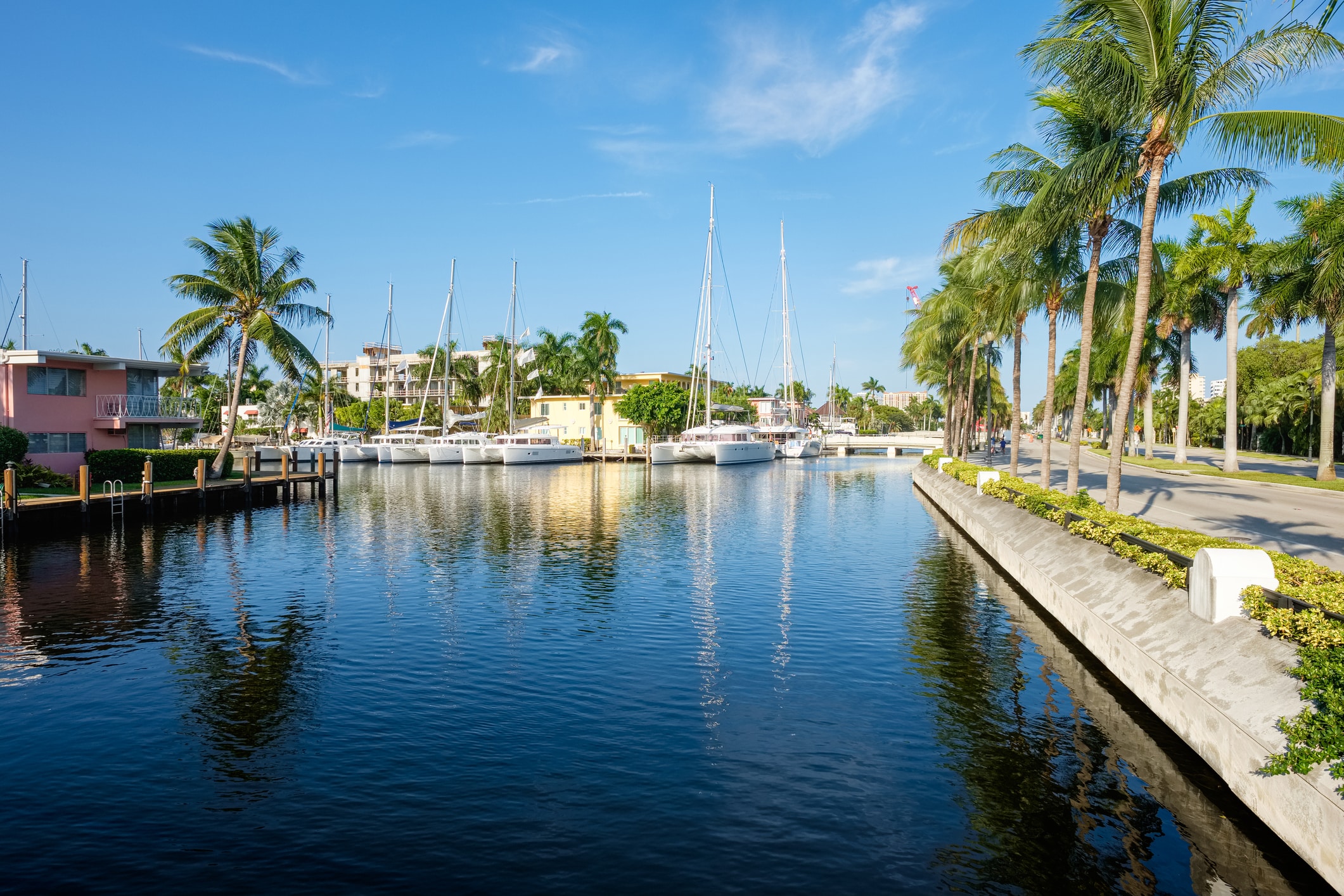 Boats docked along the beach in Las Olas Isles, a top neighborhood choice for those moving to Fort Lauderdale