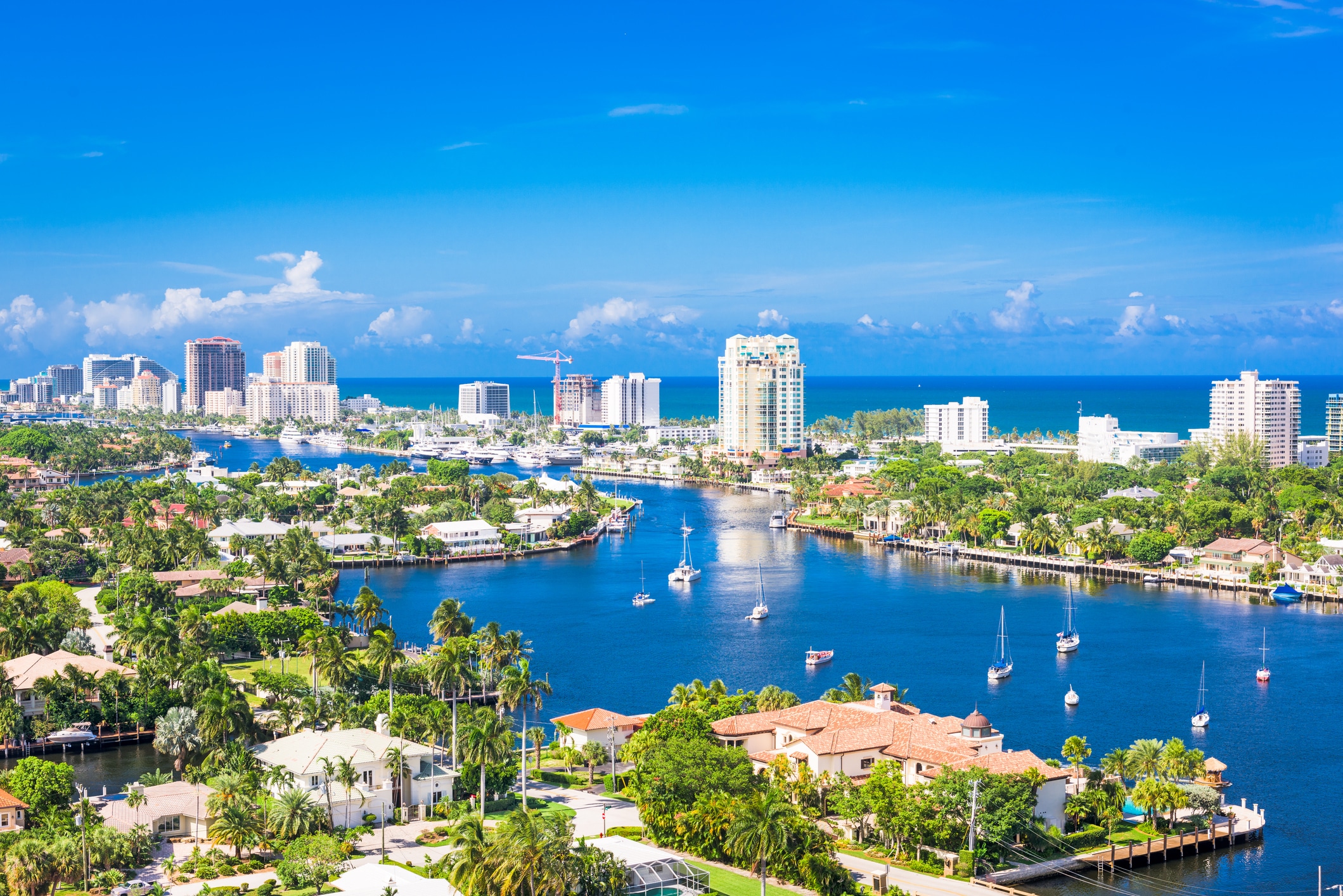 Aerial view of the beautiful coastline of Fort Lauderdale, also known as the Venice of America