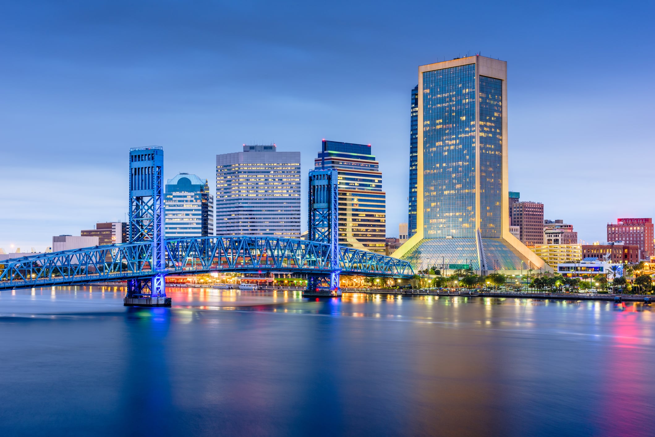 Breathtaking Jacksonville skyline at sunset, with a view of Main Street Bridge extending over the water