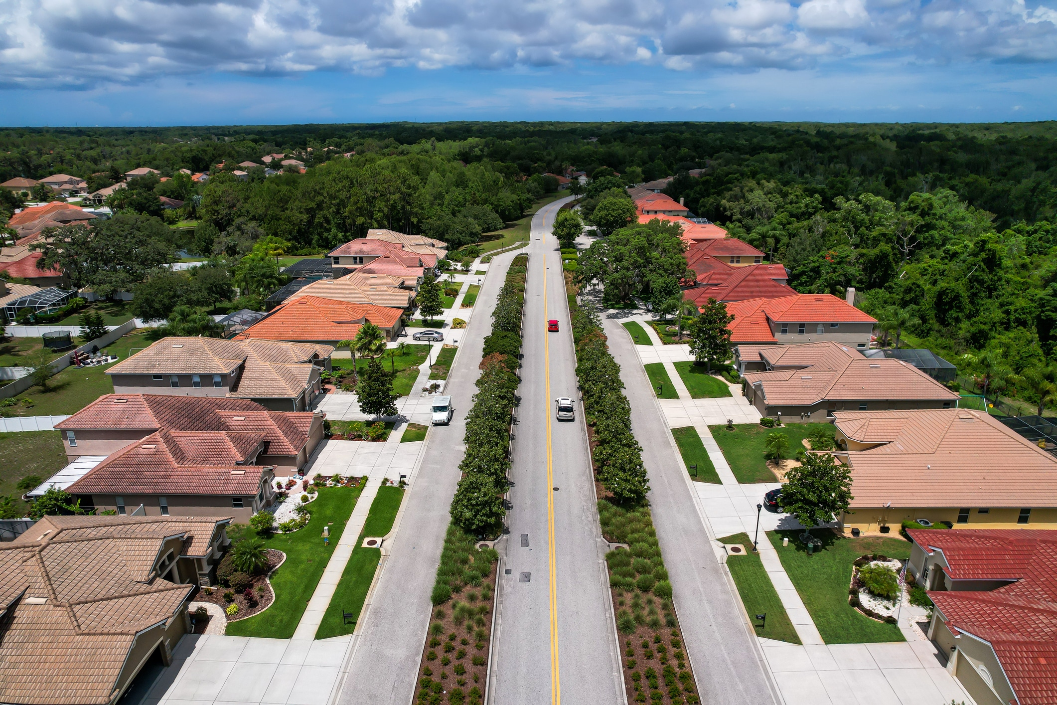 Aerial view of a Tampa neighborhood with large homes and spacious yards, attracting those moving to Tampa