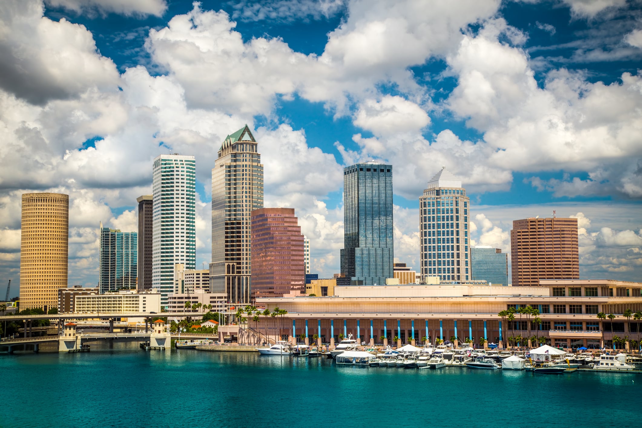 Cloud-studded view of downtown Tampa featuring gorgeous teal waters