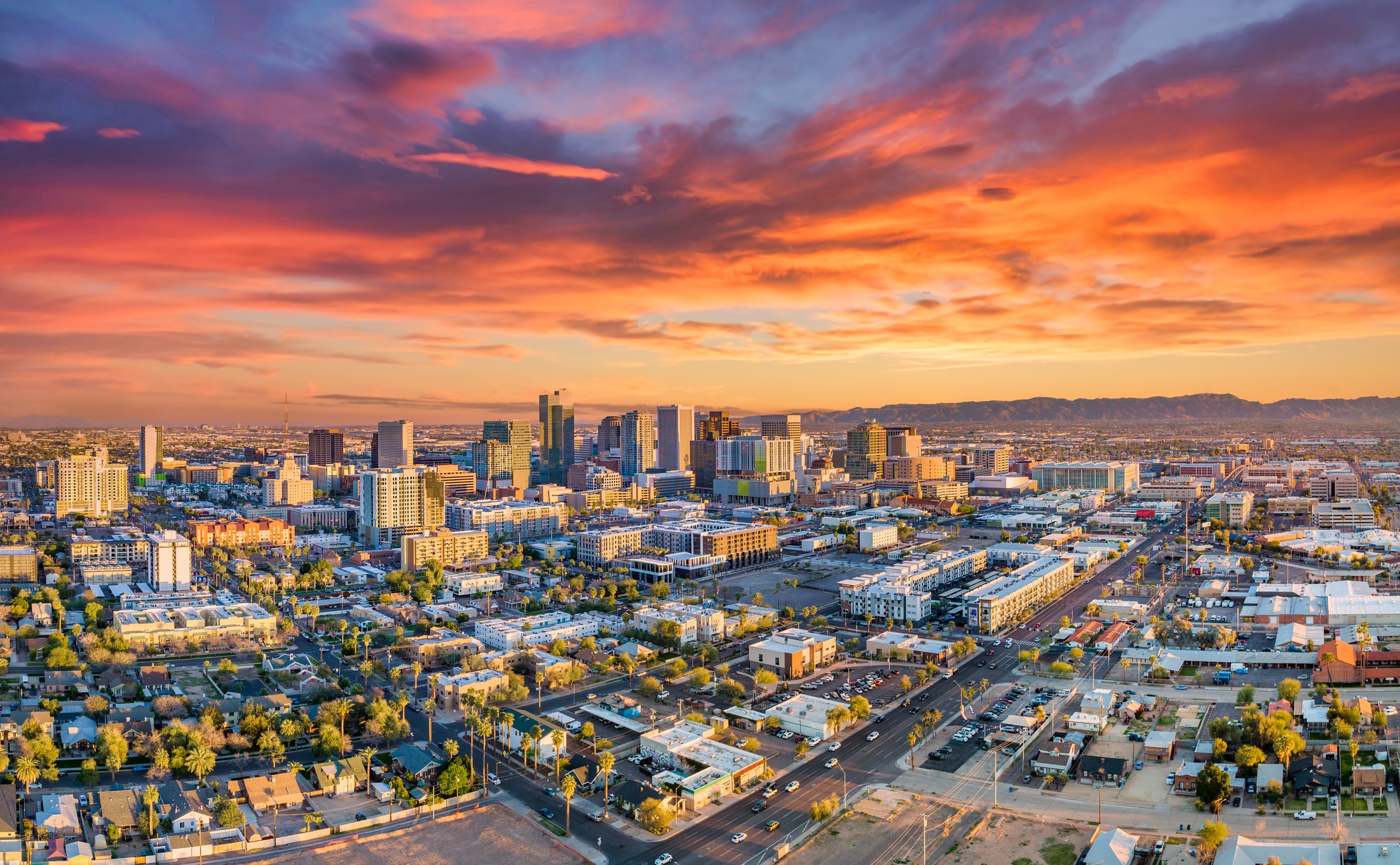 Stunning aerial shot of Phoenix, Arizona at sunset