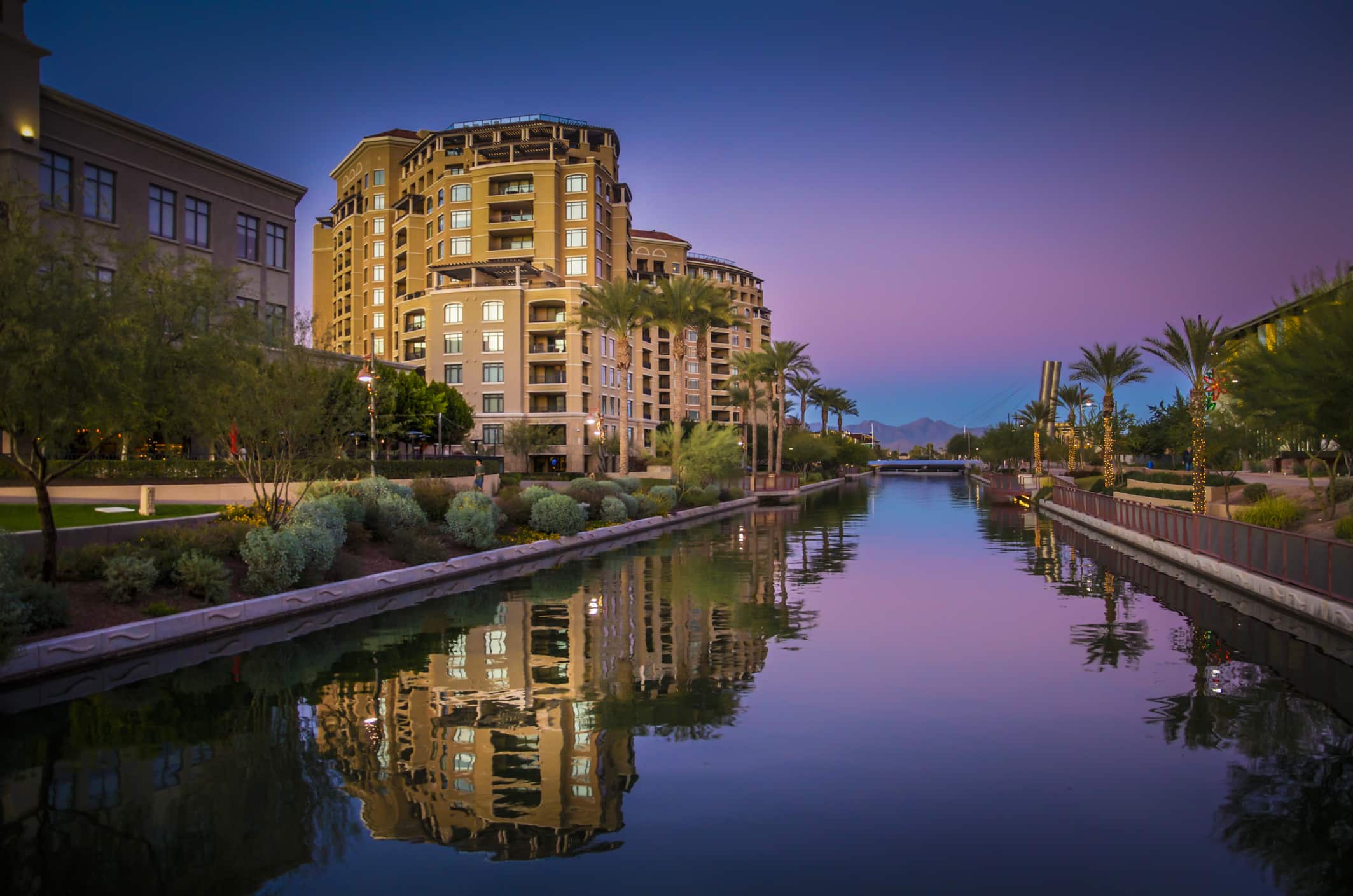 Canal path in Arcadia, one of the richest and most luxurious neighborhoods in Phoenix, at sunset