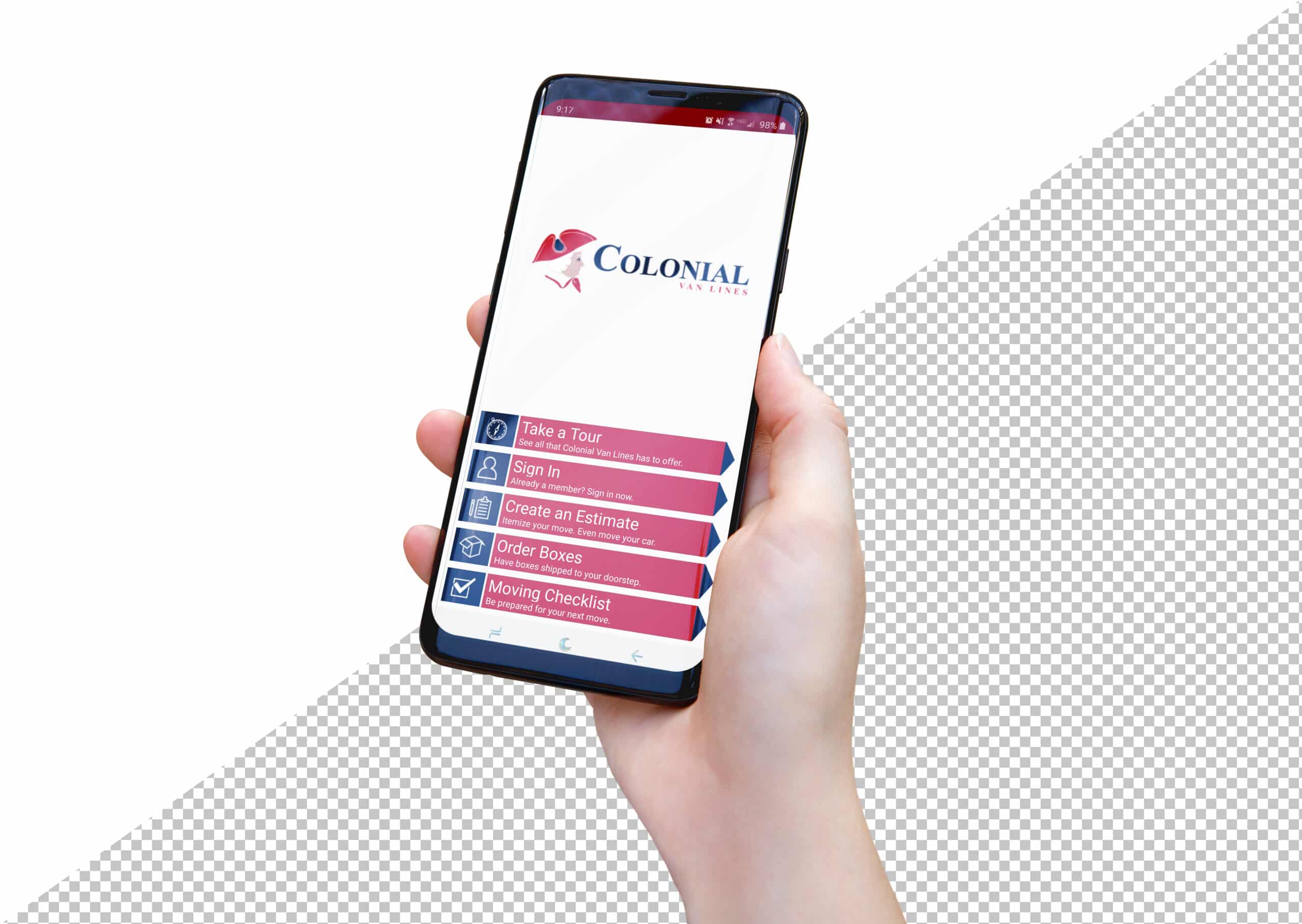 A hand holding up a phone with the Colonial Van Lines moving app dashboard