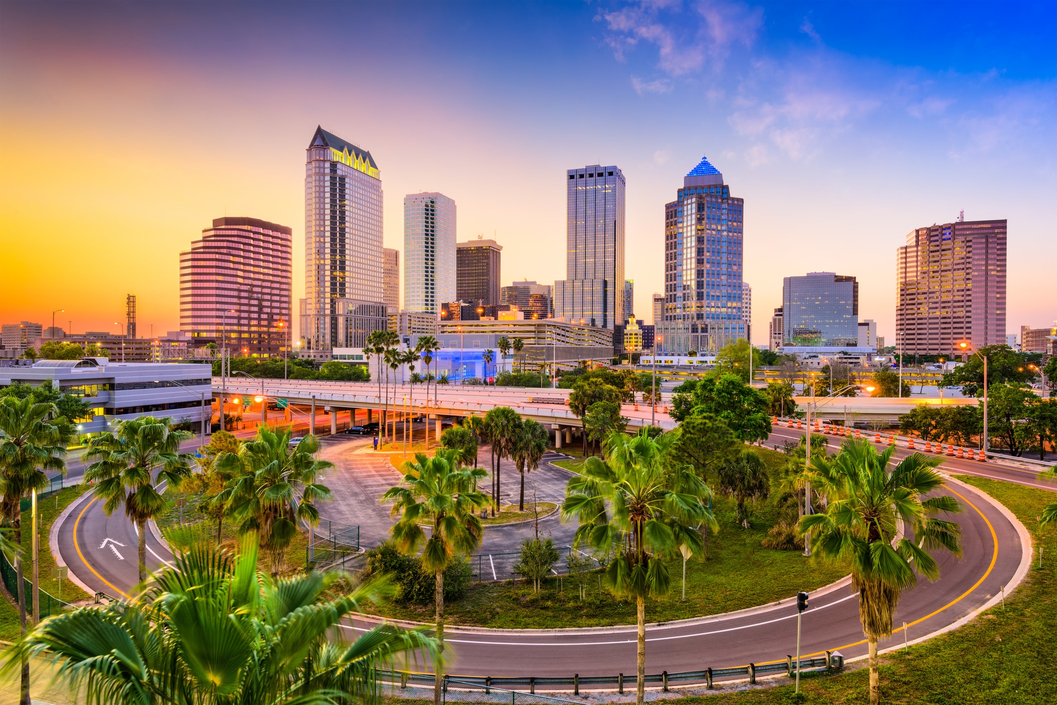 Vibrant aerial shot of downtown Tampa, FL at sunset