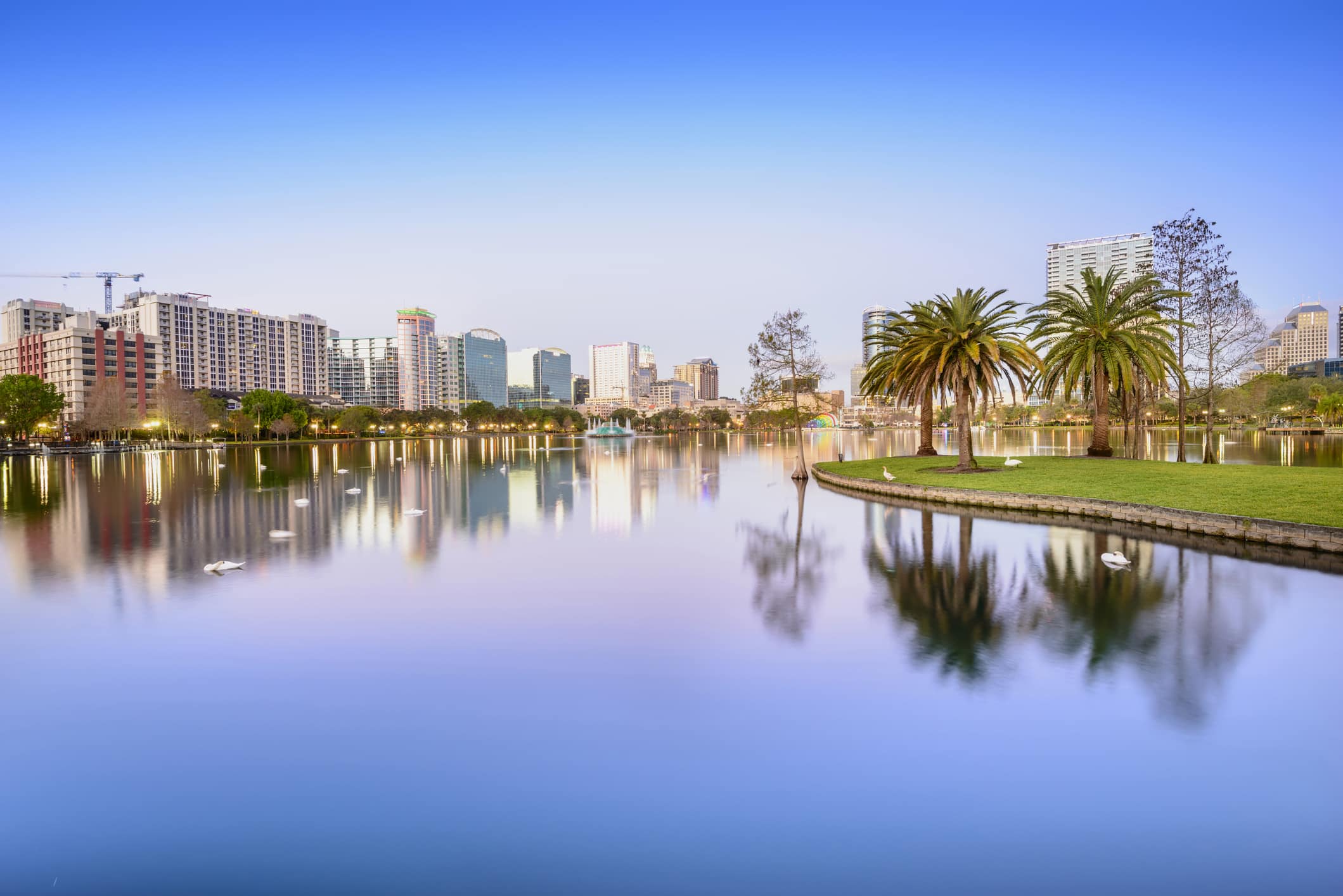 Scenic Orlando skyline viewed from Lake Eola Park, one of the best neighborhoods in Orlando