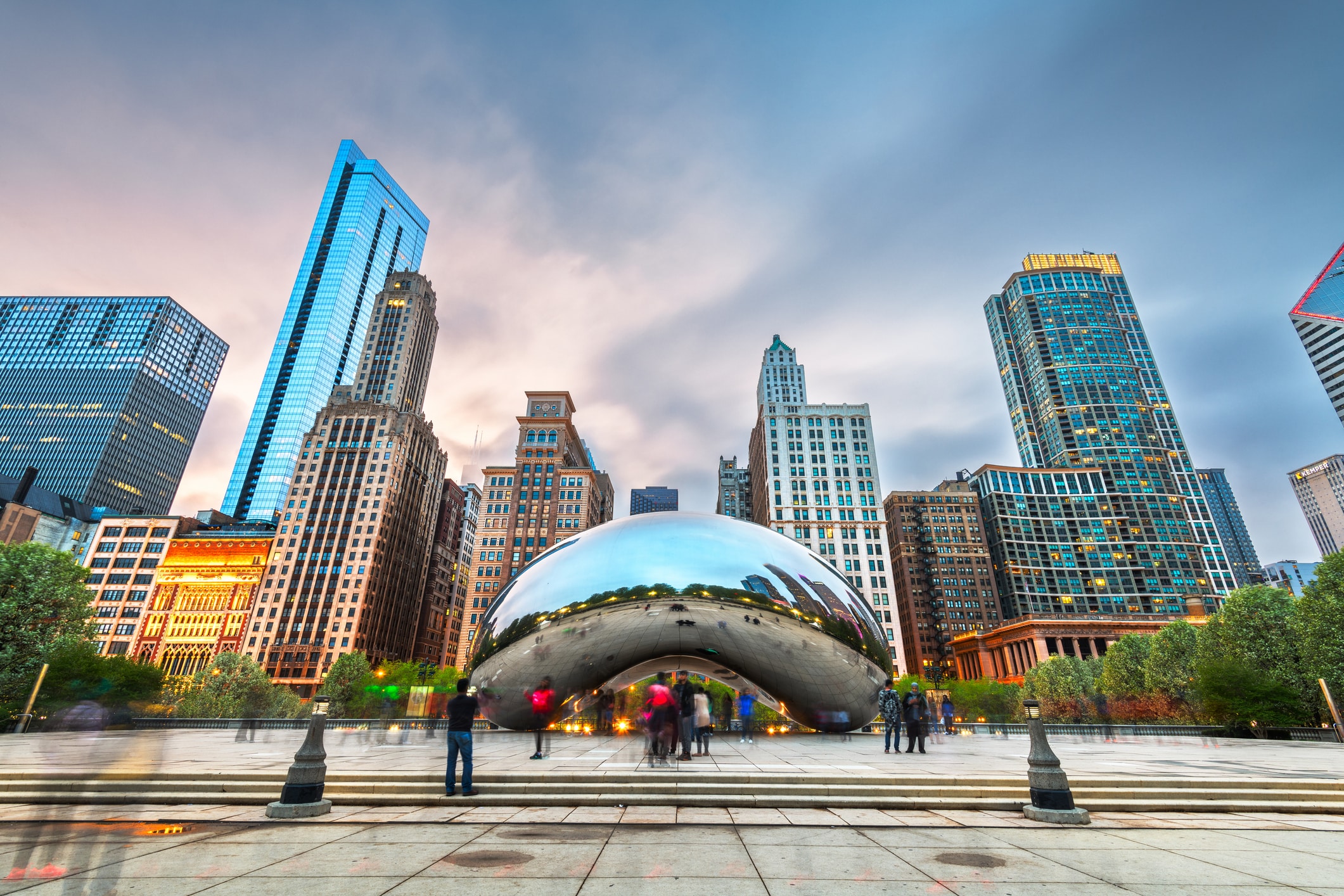 The iconic Cloud Gate, most commonly known as The Bean, in Millennium Park, Chicago, Illinois