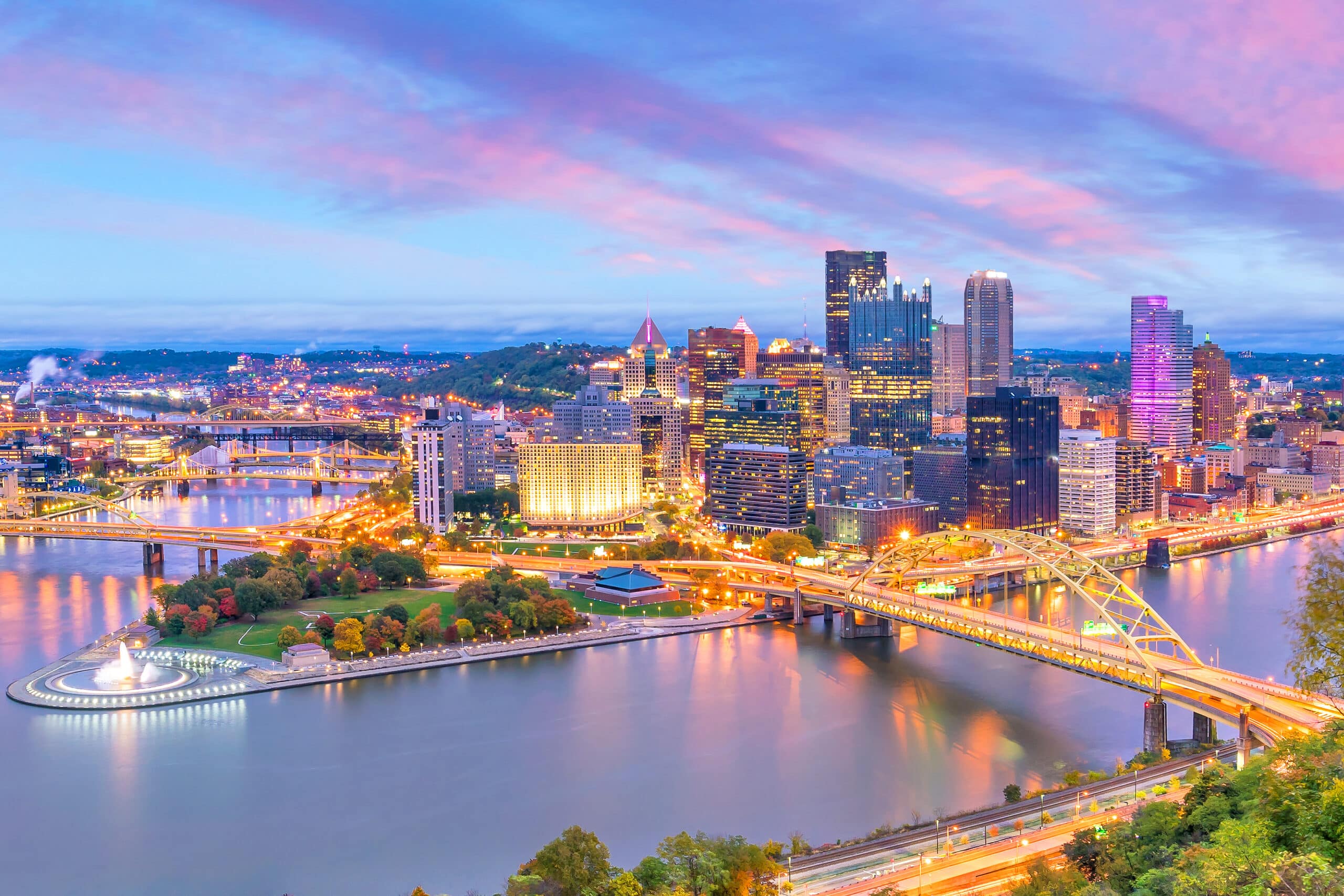 Vibrant sunset skyline of Pittsburgh, PA, one of the best places to move in the U.S. to buy a house