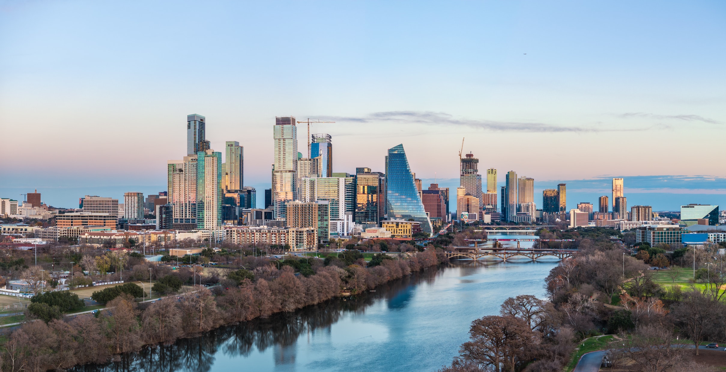 Cityscape of downtown Austin from the west, taken from Zilker Park, one of the best neighborhoods in Austin