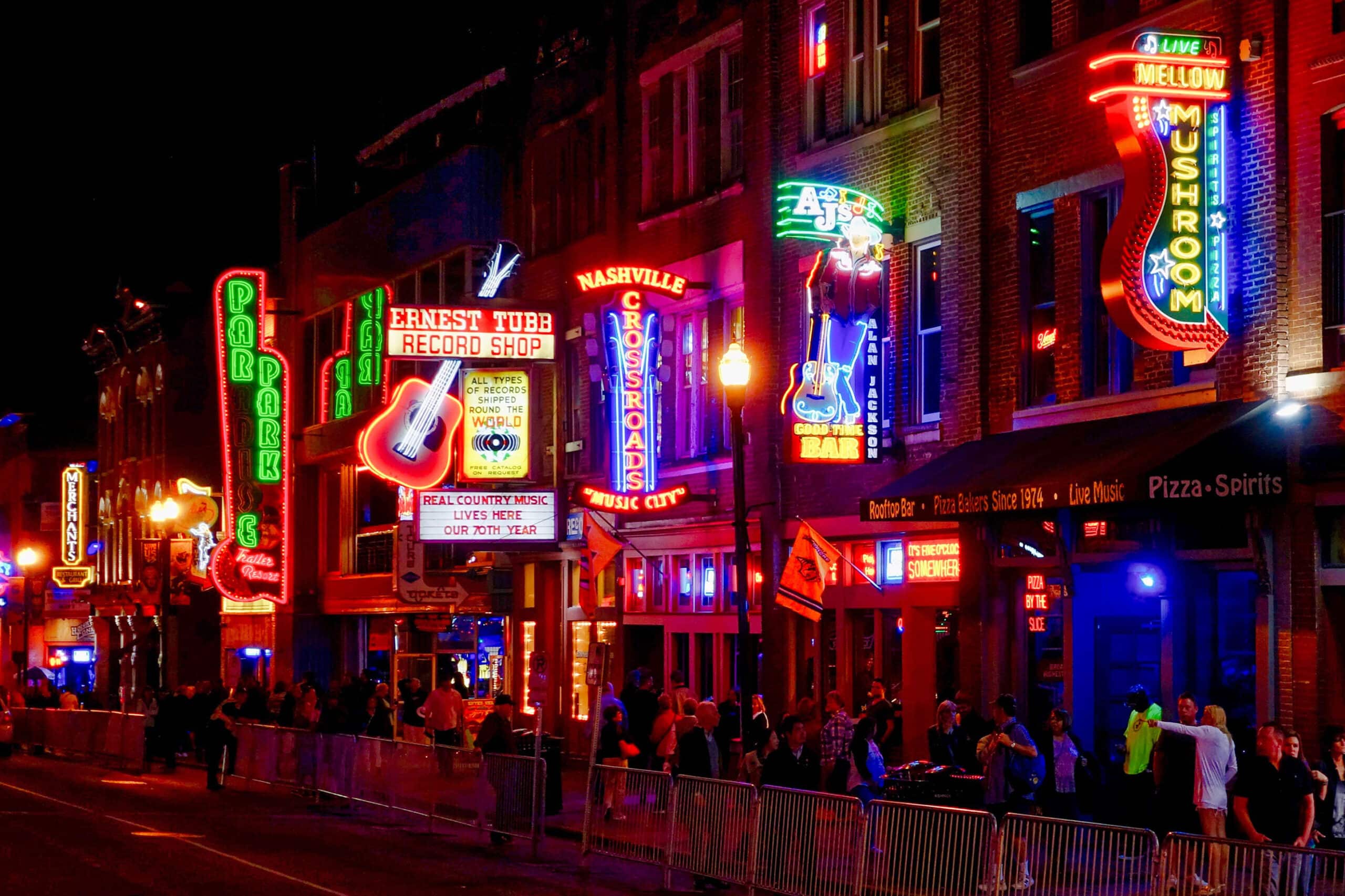 Nashville's iconic strip of neon lights on Lower Broadway, often called Honky Tonk Highway, lit up at night