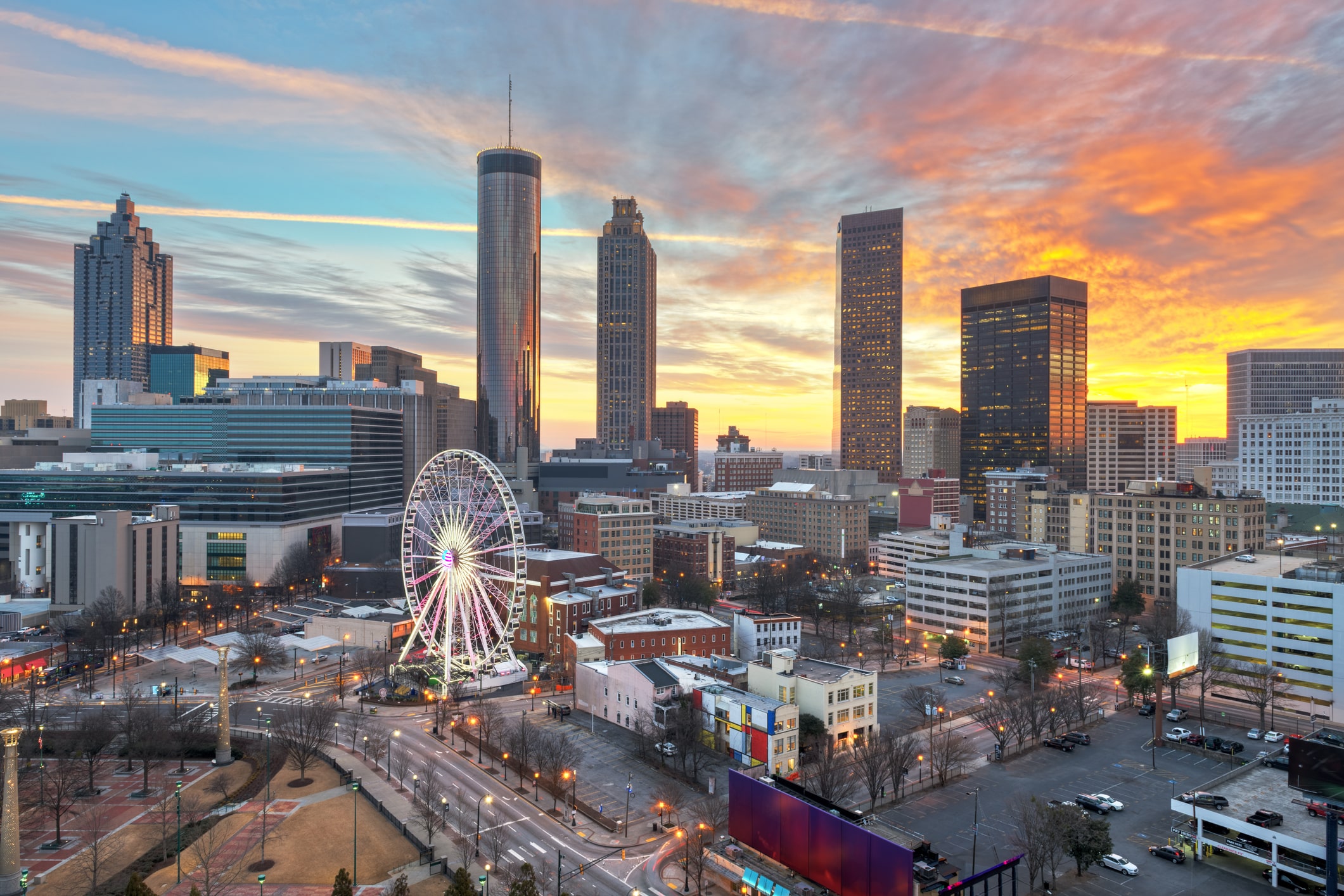 Atlanta, Georgia, USA Downtown Skyline Aerial shot of Atlanta cityscape featuring the iconic SkyView Ferris Wheel