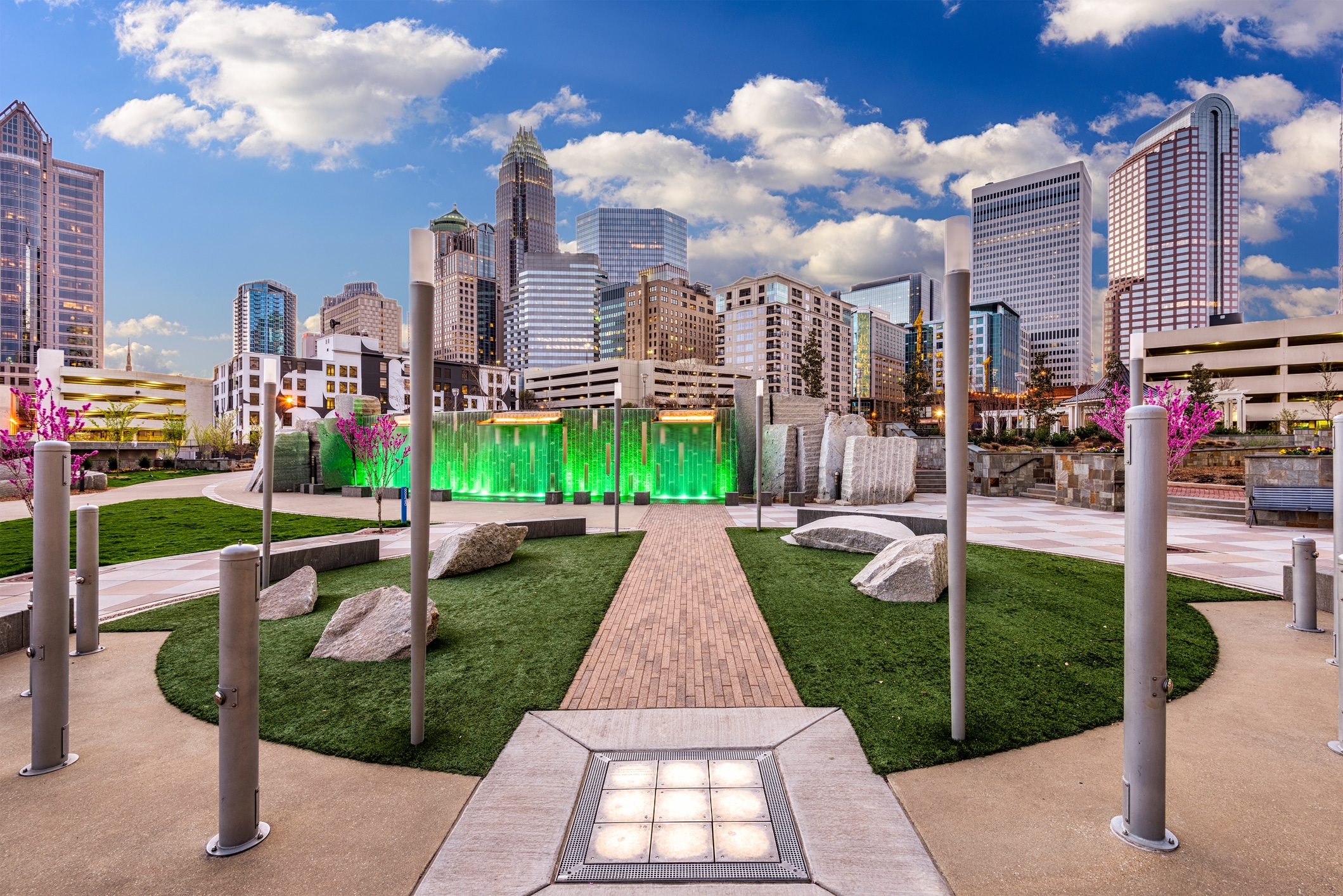 Charlotte, North Carolina, USA Romare Bearden Park, known for its beauty, waterfall, and playground, in the middle of Downtown Charlotte