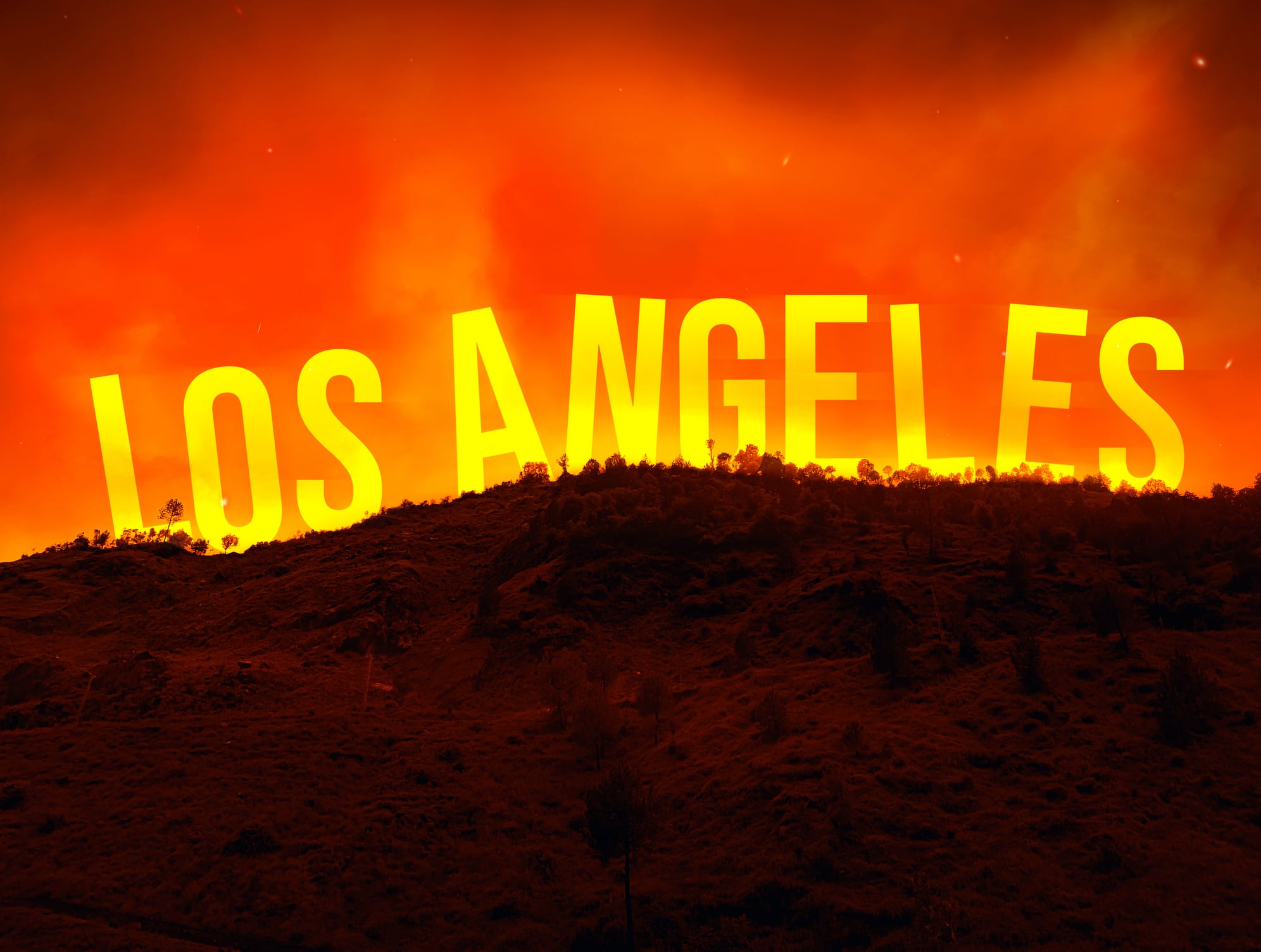 Los Angeles Wildfire concept background with extreme orange weather and fire, typography behind mountain. Wildfire blazes across a hillside near Los Angeles at night, with traffic and city lights visible in the foreground