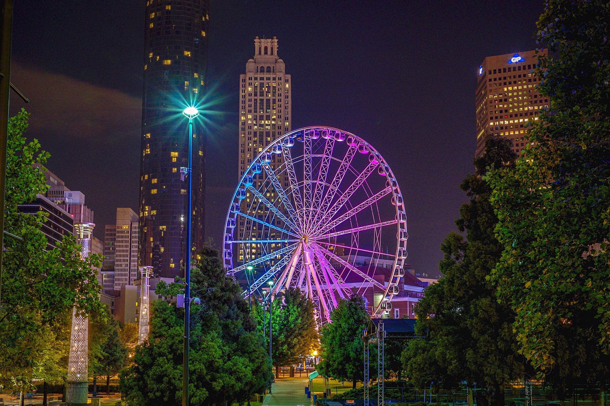 Illuminated Skyview Atlanta At Centennial Olympic Park Colorfully lit SkyView Ferris Wheel at night in Centennial Park, Atlanta, popular among those living in Atlanta