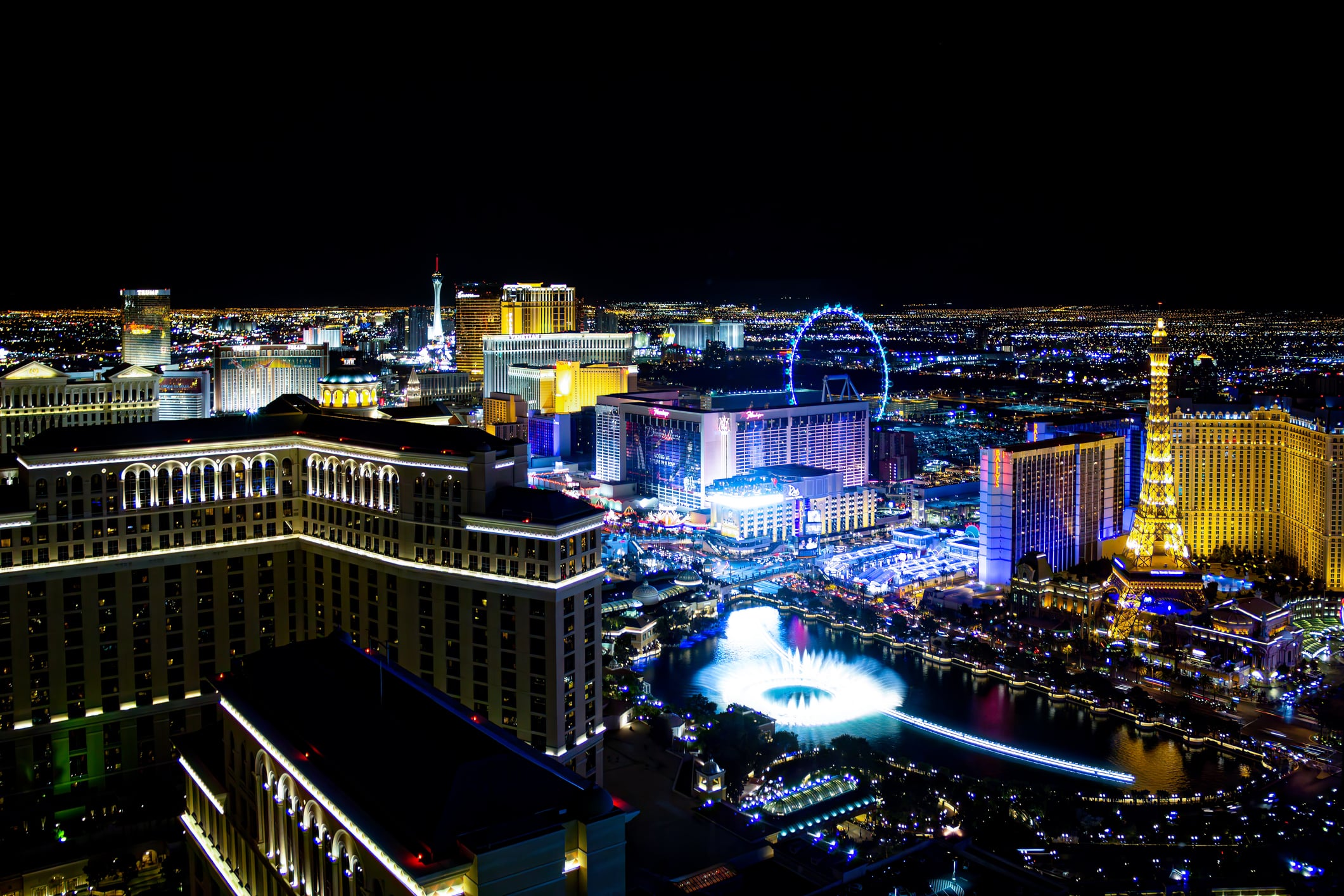 Night in Las Vegas Las Vegas Strip at night, featuring several prominent landmarks like the High Roller and Bellagio fountains