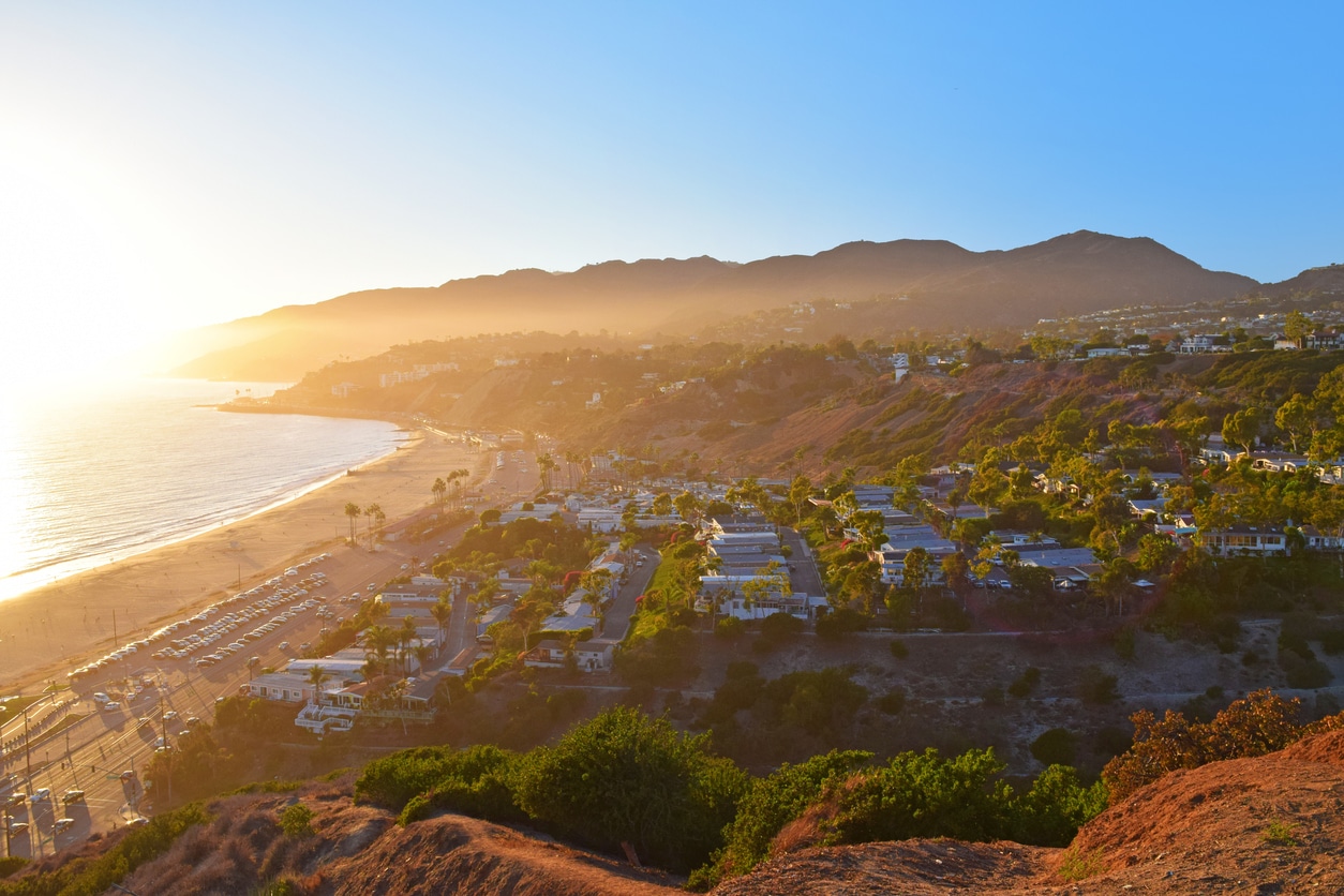 Pacific Palisades A scenic sunset view of Pacific Palisades, a neighborhood in Los Angeles, California, situated along the Pacific coast