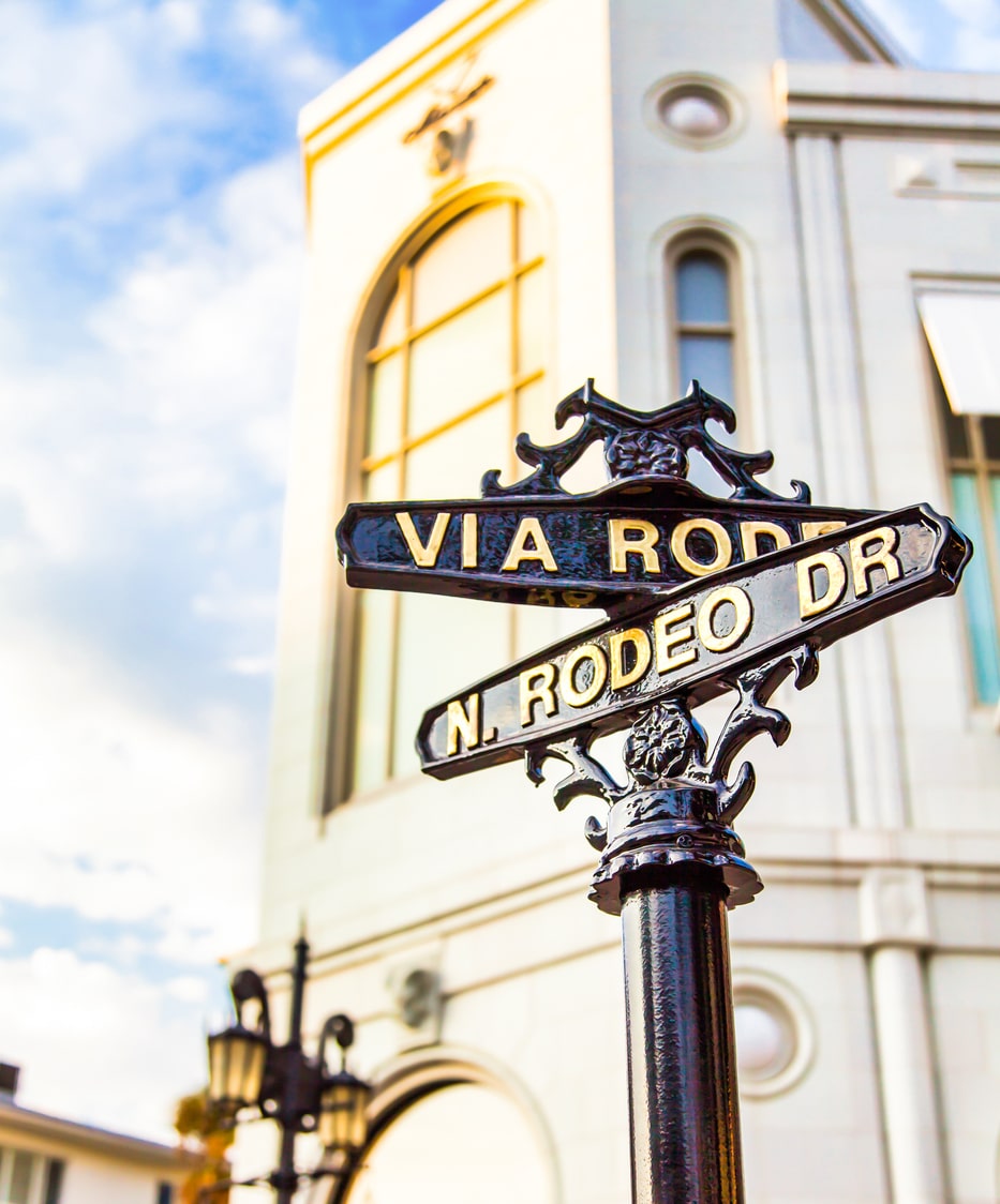 The famous Rodeo Drive in Los Angeles, California. Street for shopping and fashion. A ritzy street sign for Rodeo Drive in Beverly Hills, one of the best Los Angeles neighborhoods