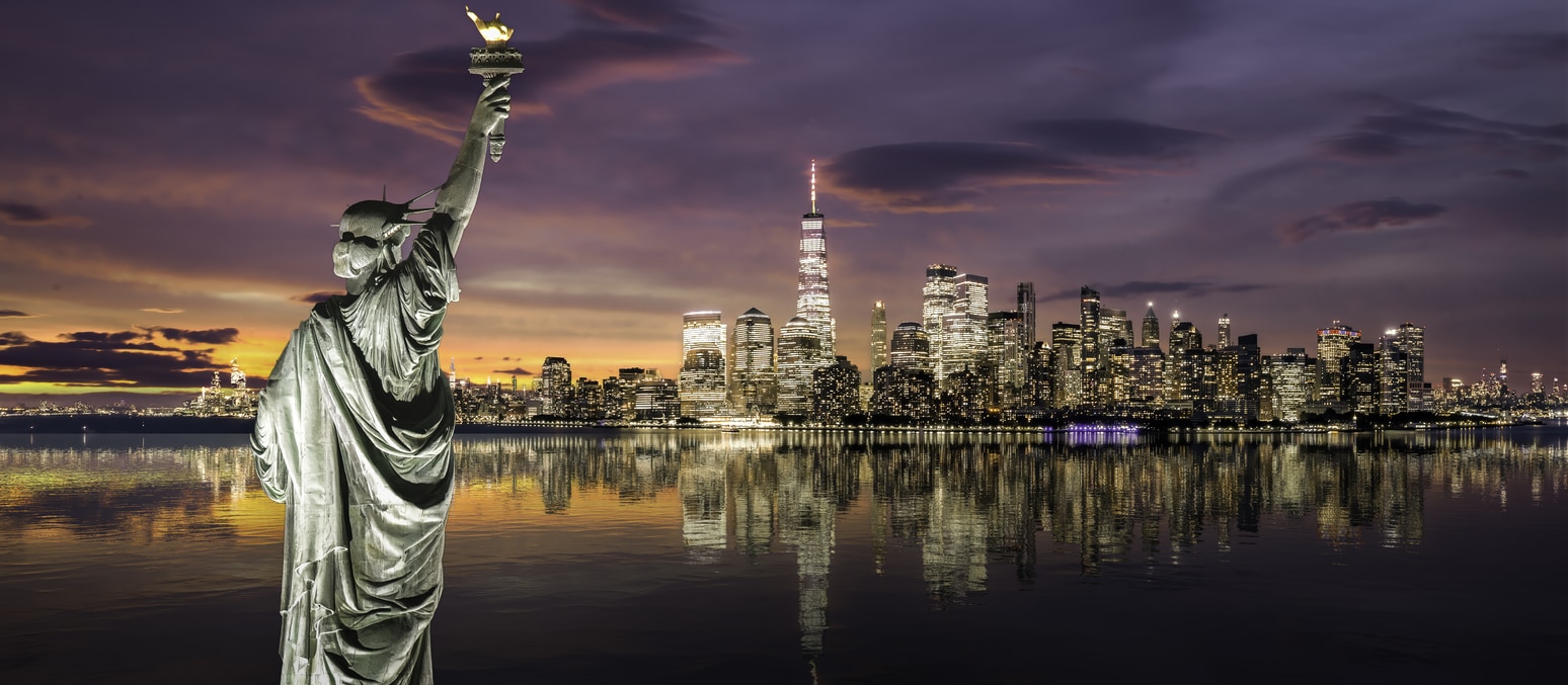 New York City skyline visible behind the Statue of Liberty, welcoming those moving from Los Angeles to New York