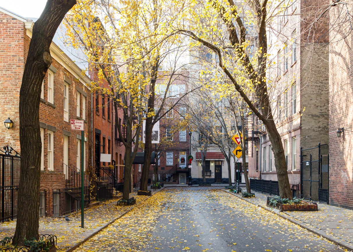 Colorful fall trees line street in the historic West Village neighborhood of New York City A tree-lined street in Greenwich Village, New York City, in the fall, surrounded by historic brownstone architecture