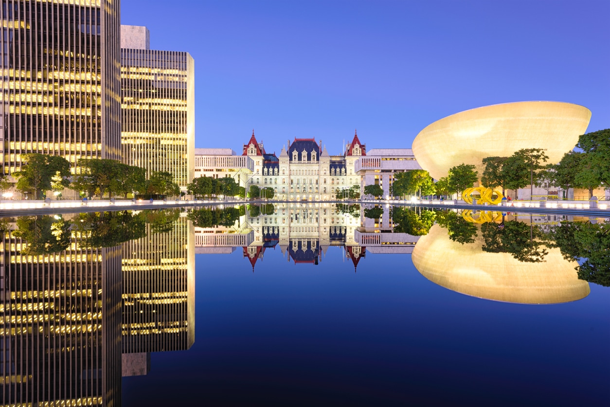 Albany New York New York State Capitol and Empire State Plaza at dusk, a beautiful sight for those moving to New York state