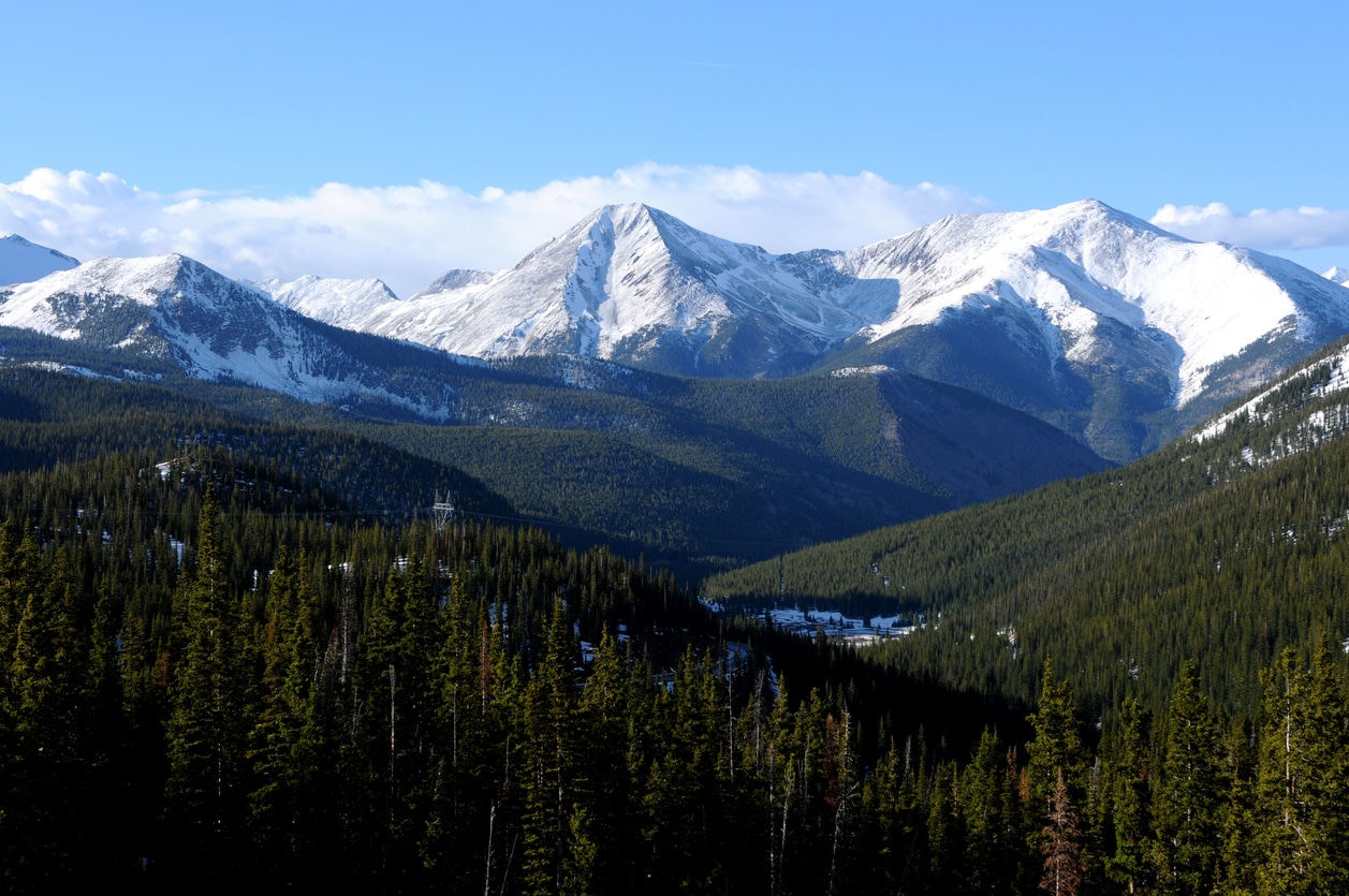 Breathtaking snow-capped Sawatch mountain range in Colorado with pine forests in the foreground