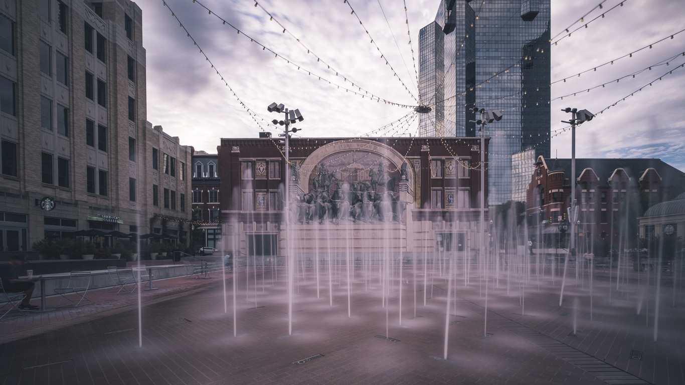 Evening view of Sundance Square Plaza in Rivercrest, one of the best Fort Worth Neighborhoods