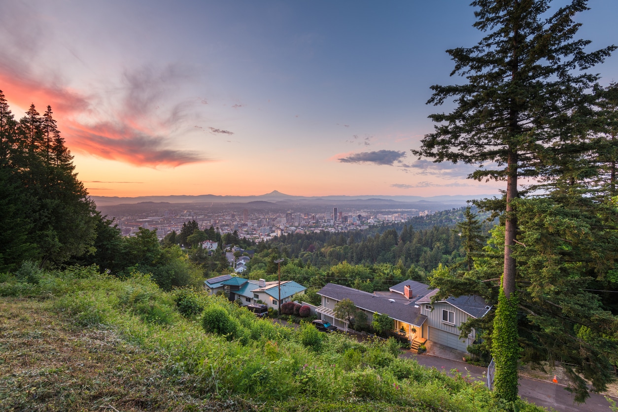 Portland, Oregon, USA skyline at dusk with Mt. Hood Portland, Oregon at dusk with Mt. Hood in the distance, viewed from a Portland hillside neighborhood