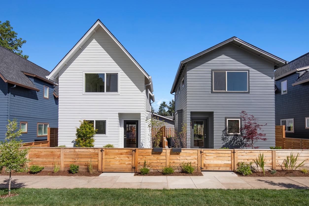 New home construction in Portland Two contemporary homes side by side in a modern Portland neighborhood