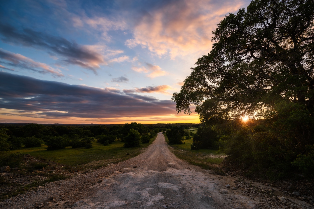Road Amidst Trees Against Sky During Sunset Dirt road in Texas Hill Country at sunset in one of the less populated San Antonio neighborhoods