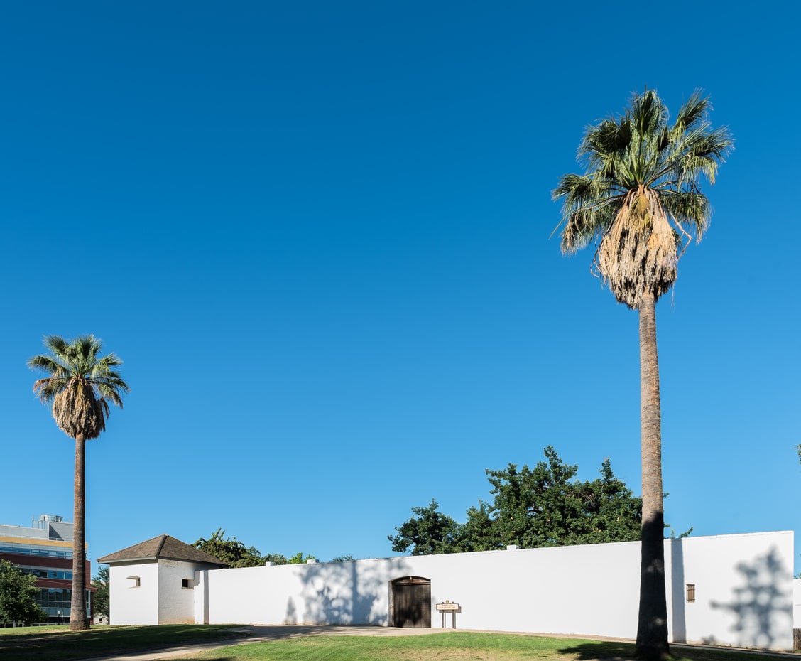 Sutter's Fort in Sacramento White adobe walls of Sutter's Fort State Historic Park in Midtown Sacramento, one of the best neighborhoods in Sacramento